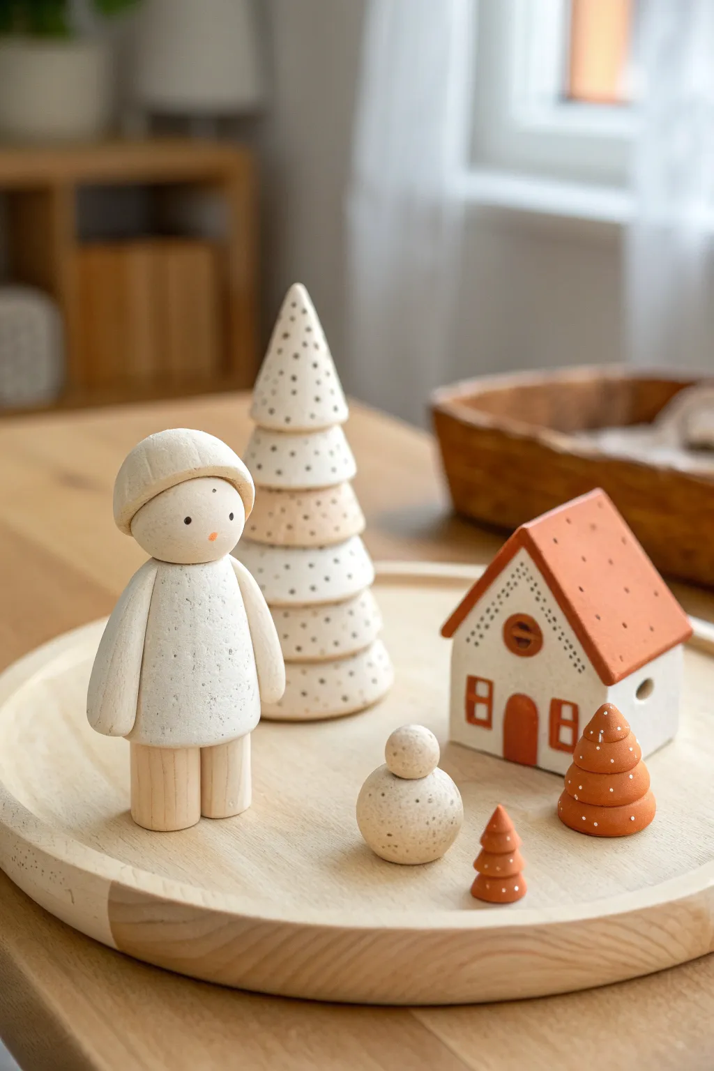 Tiny air dry clay small world scene: sweet kid, pet, tree, and house in a cozy mini set