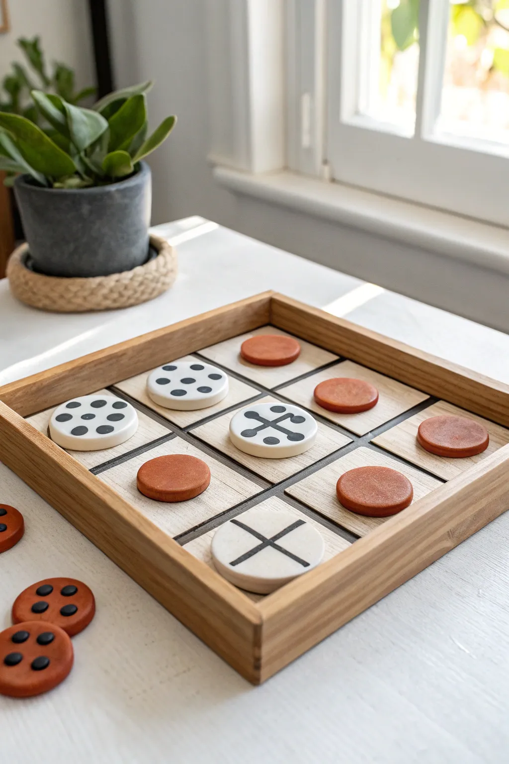 Minimal air-dry clay tic-tac-toe set with bold painted tokens, a cute kids craft game idea.