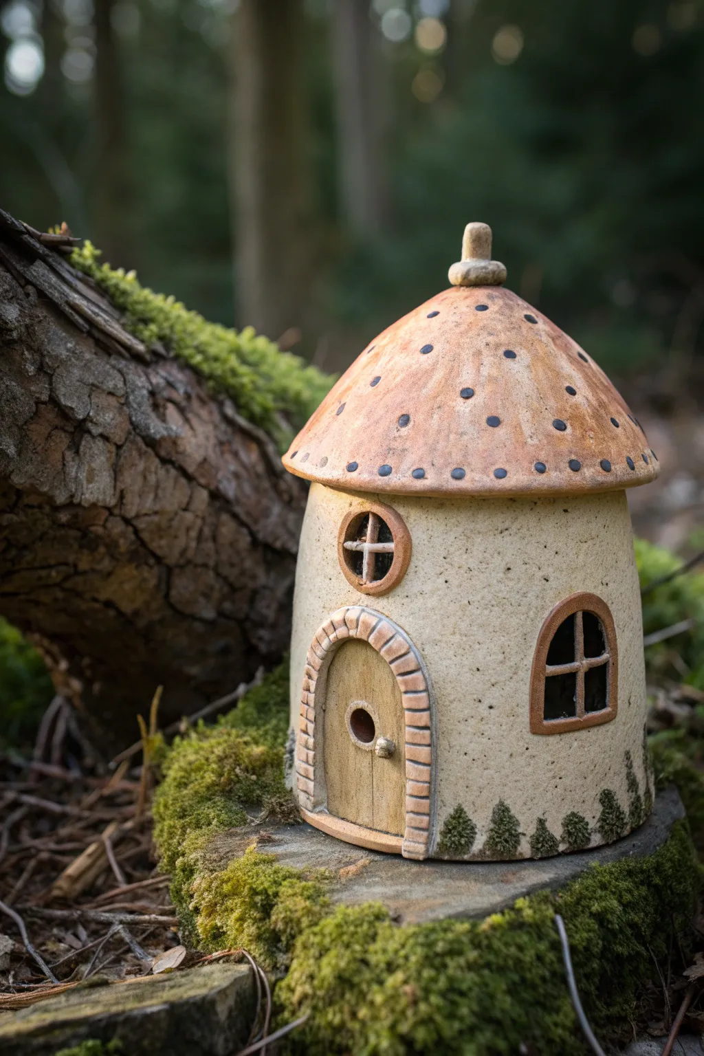 Whimsical kiln-fired fairy house in earthy glaze, nestled in moss for garden magic.