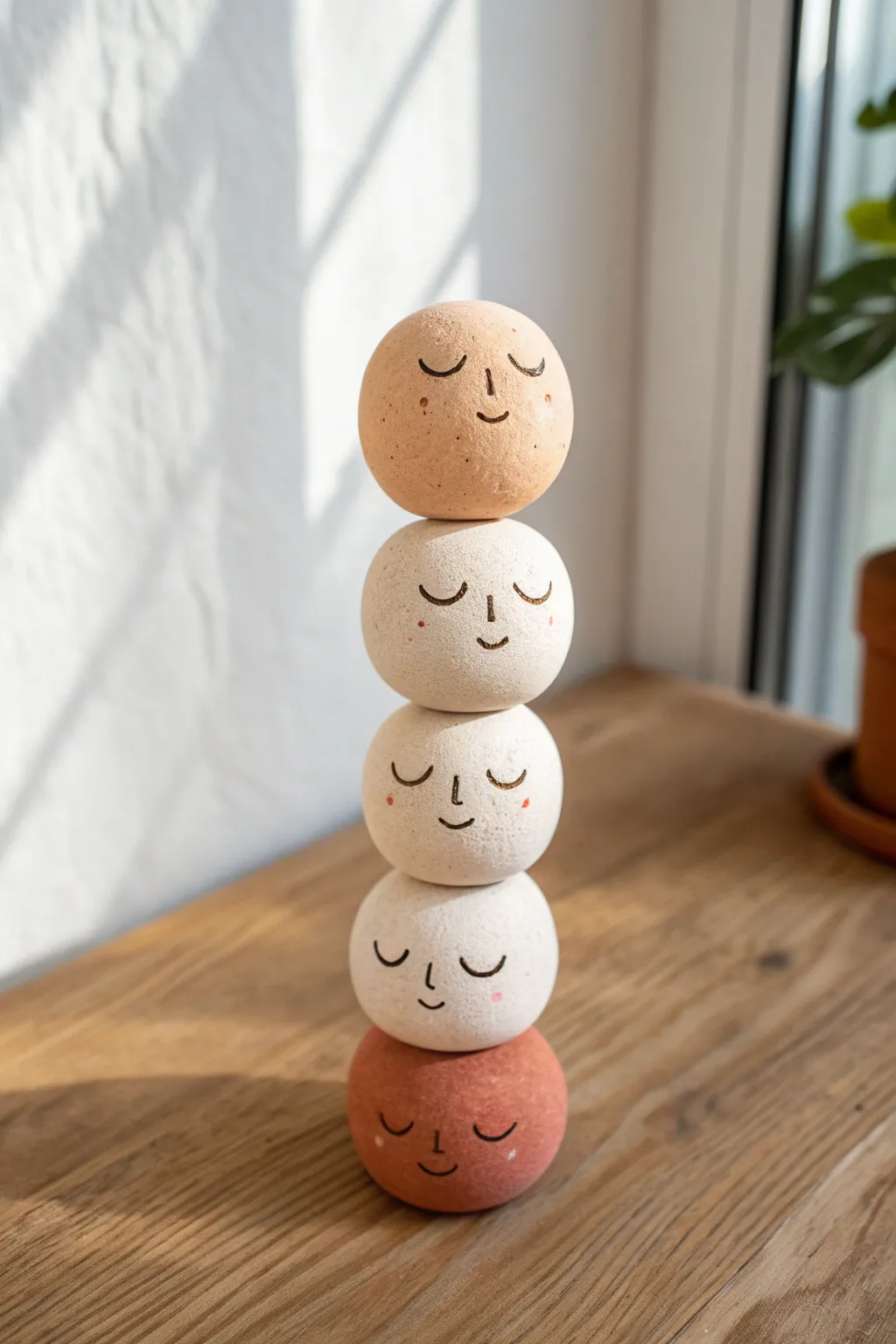 Stackable mini clay face totem in soft earthy tones, simple expressions, cozy Scandinavian vibe.