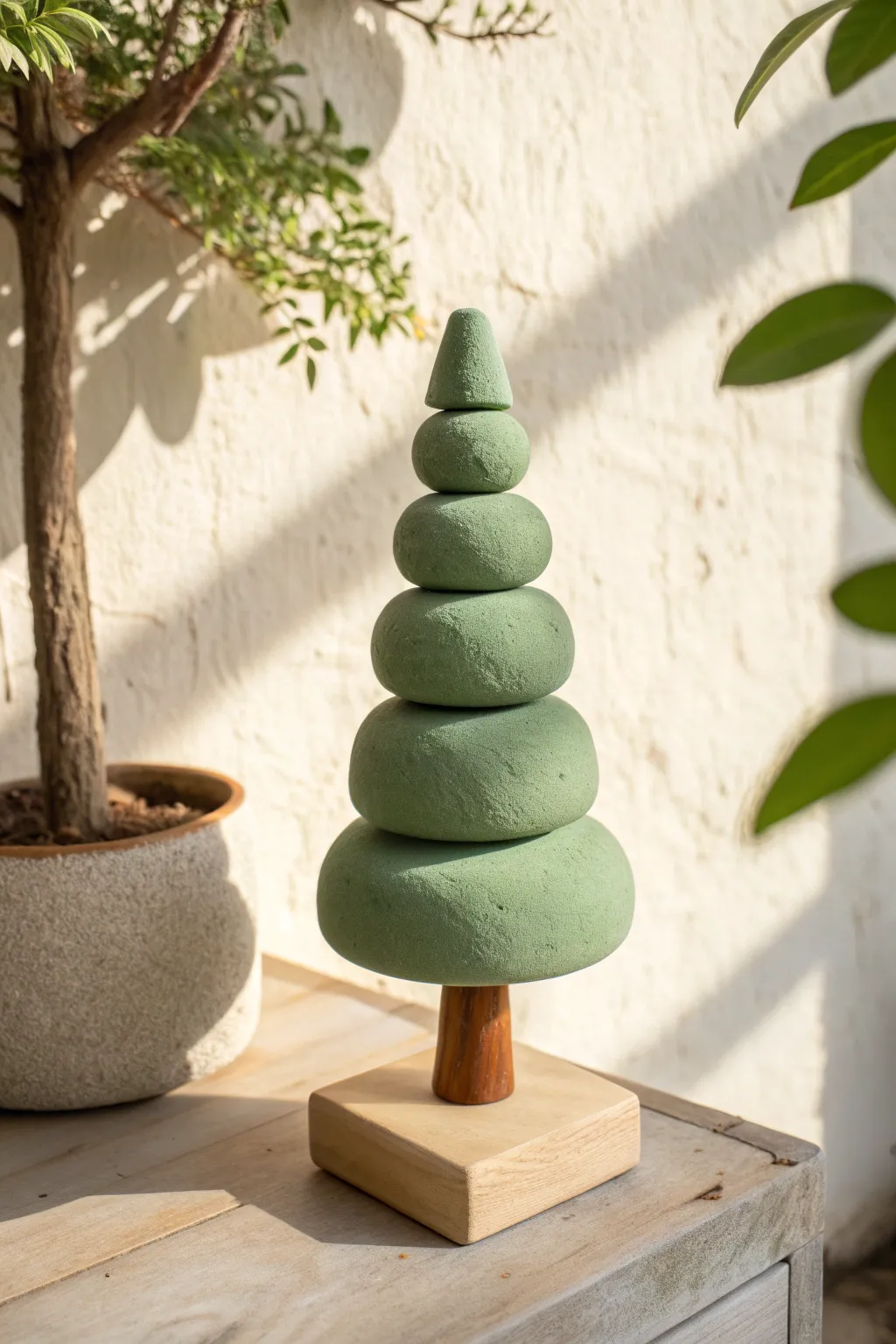Stacked green sphere clay tree, modern topiary charm for minimalist boho home decor.