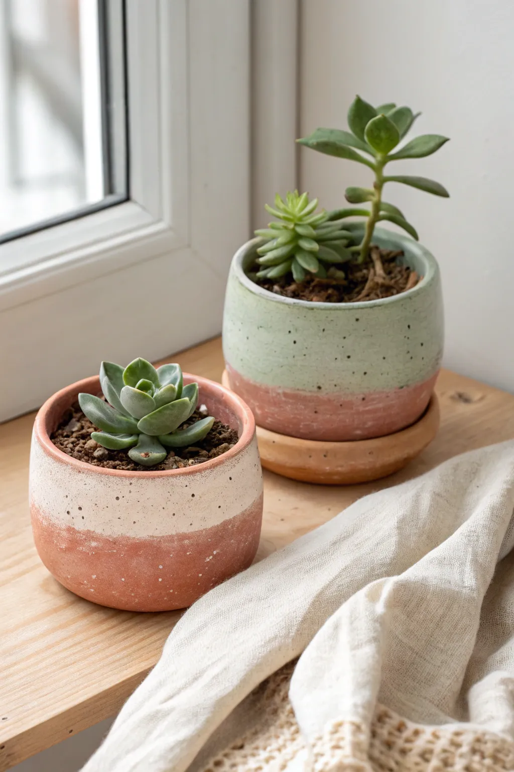 Matching mini planters, two colors and simple sculpted plants for an easy, cozy clay set.