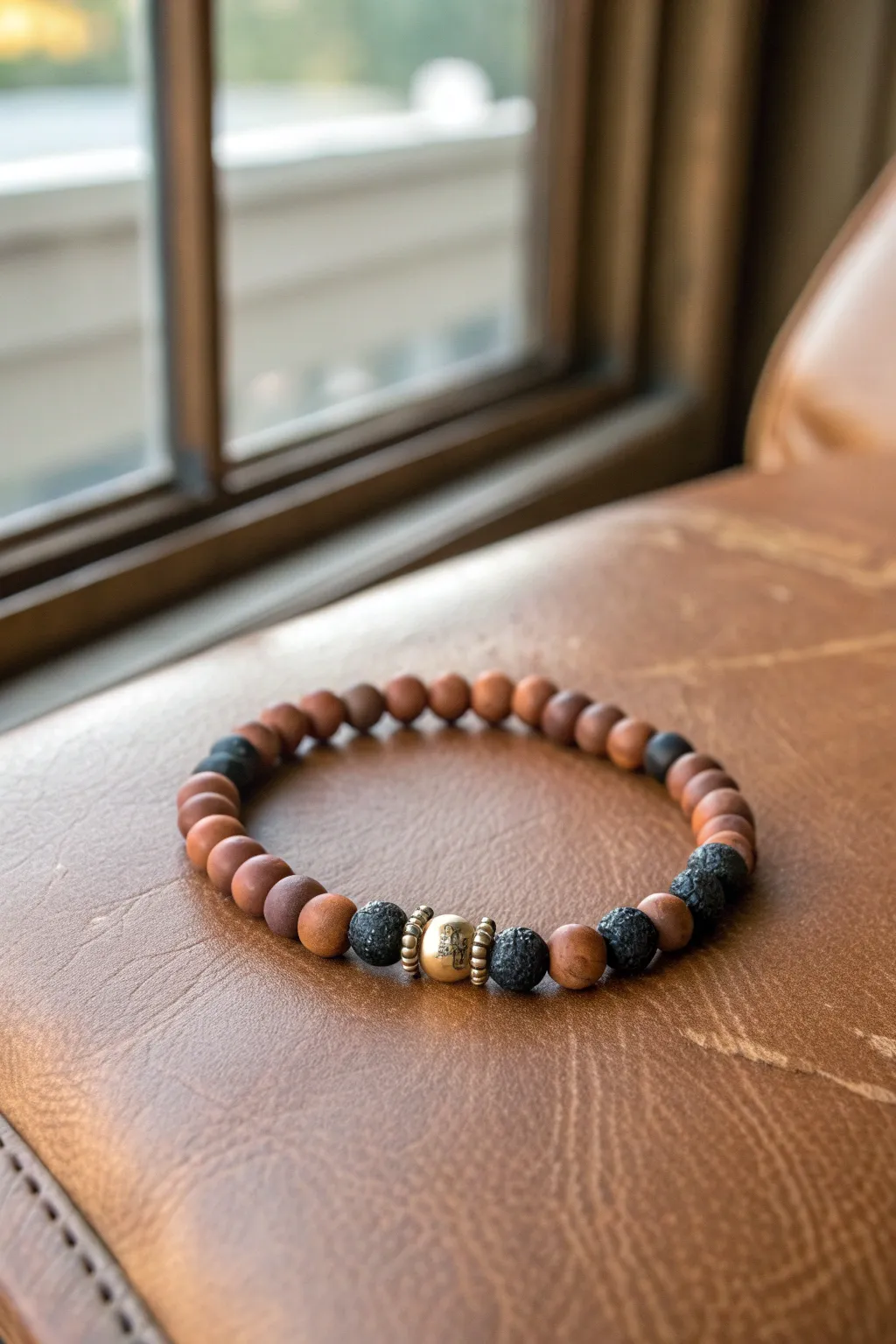 Rustic clay bead bracelet in rust and charcoal on worn leather, minimalist industrial palette.