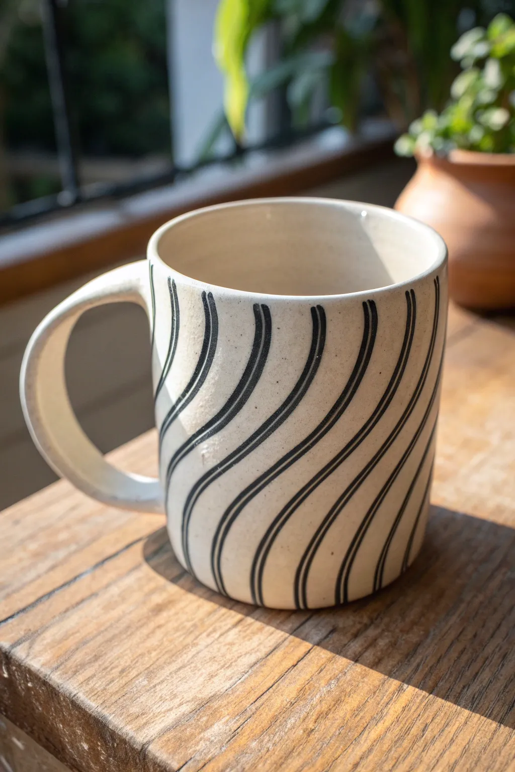 Twisting optical illusion stripe mug in bold contrast, minimalist and handmade charm.