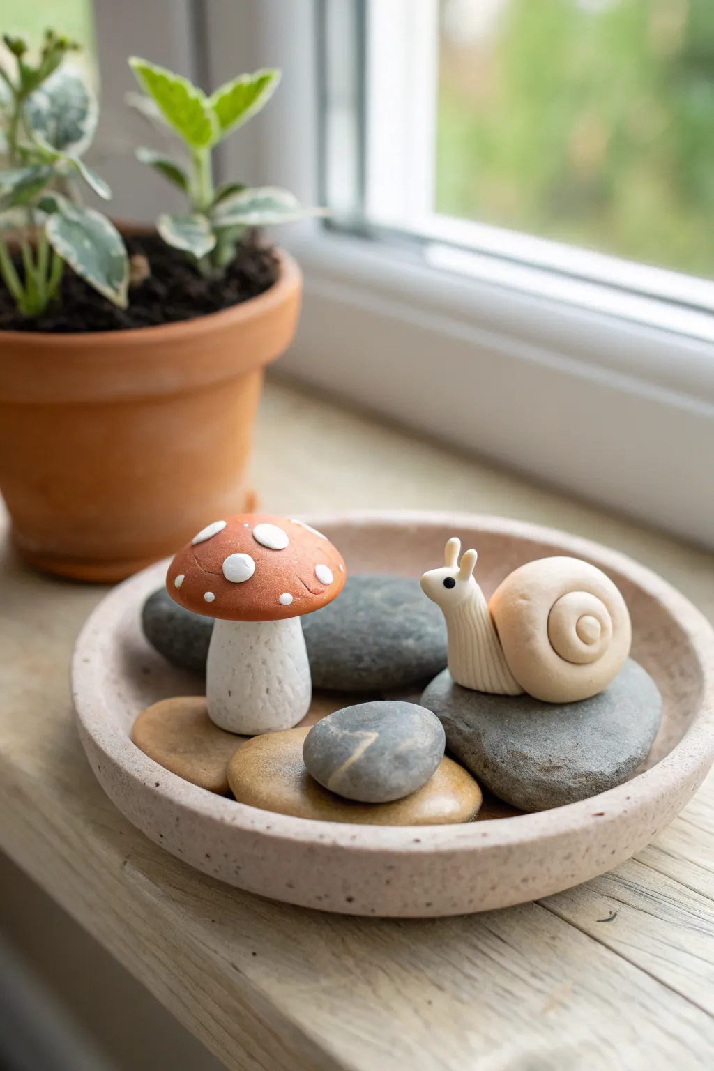 Easy mini clay fairy garden scene with mushroom, pebble rock, and snail for cute tiny sculptures.