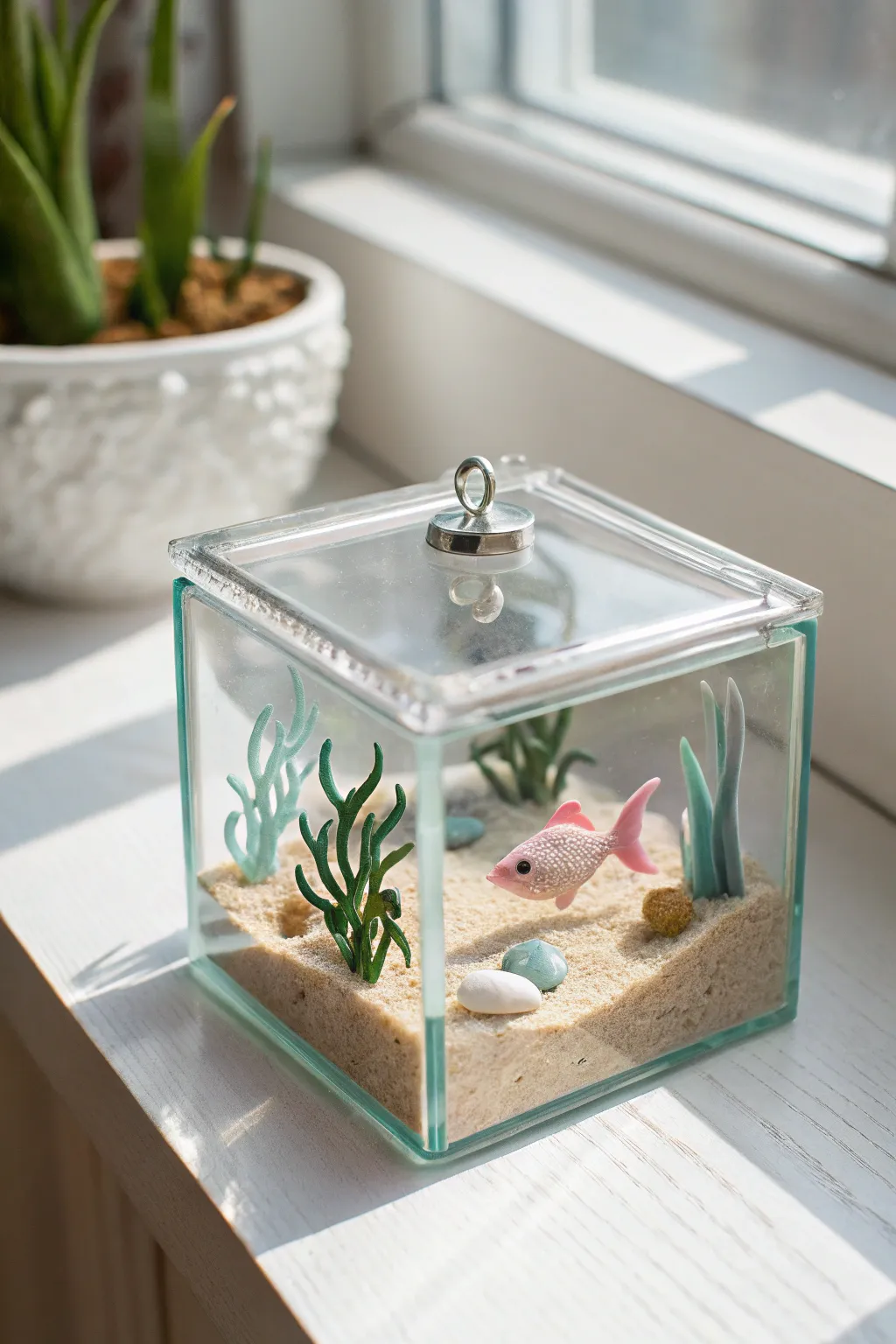 A pocket-size underwater mini world in a clear case, made with simple model magic clay shapes