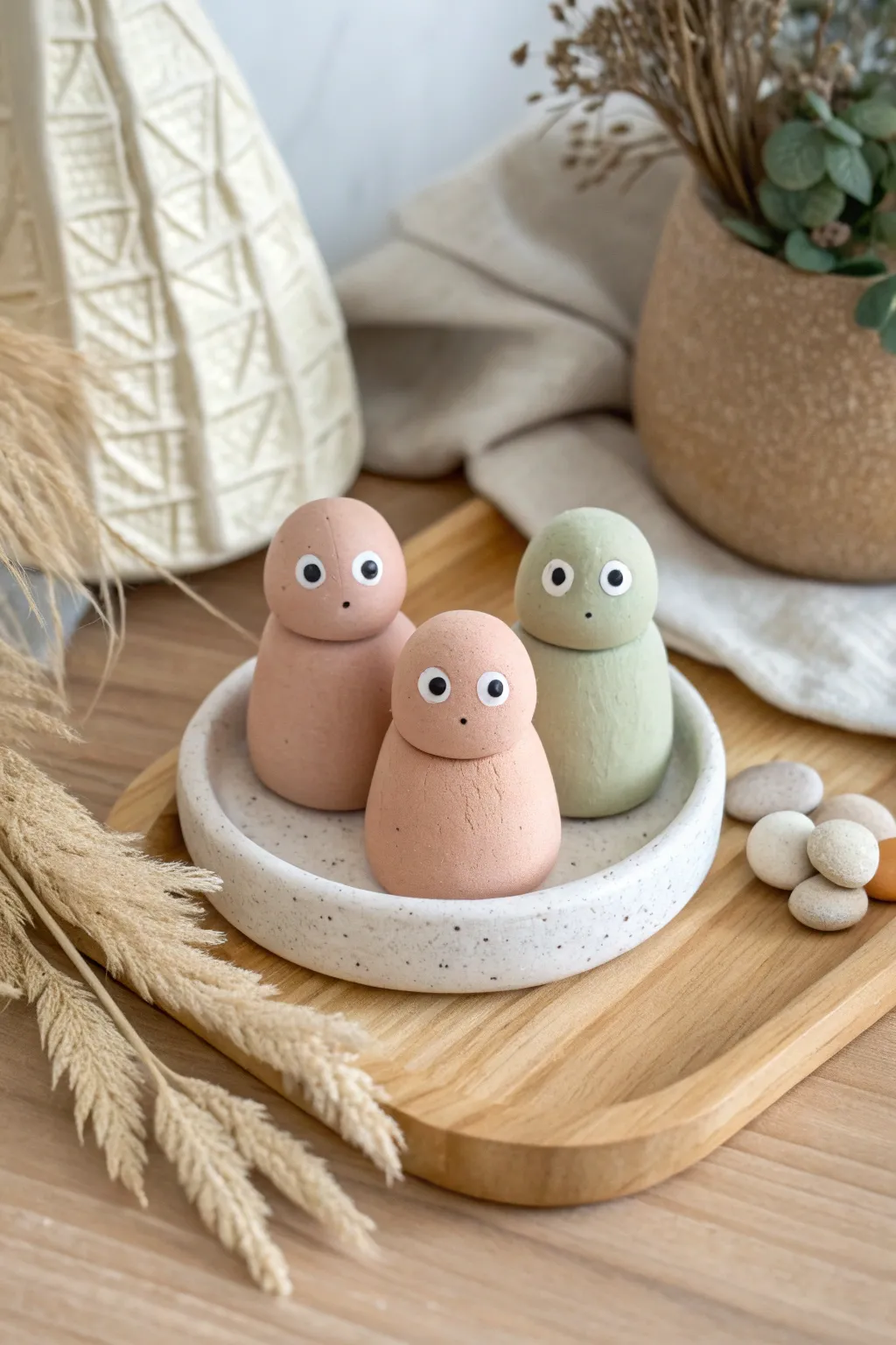 Easy storybook mini clay characters in soft boho tones, a cute beginner-friendly sculpture set