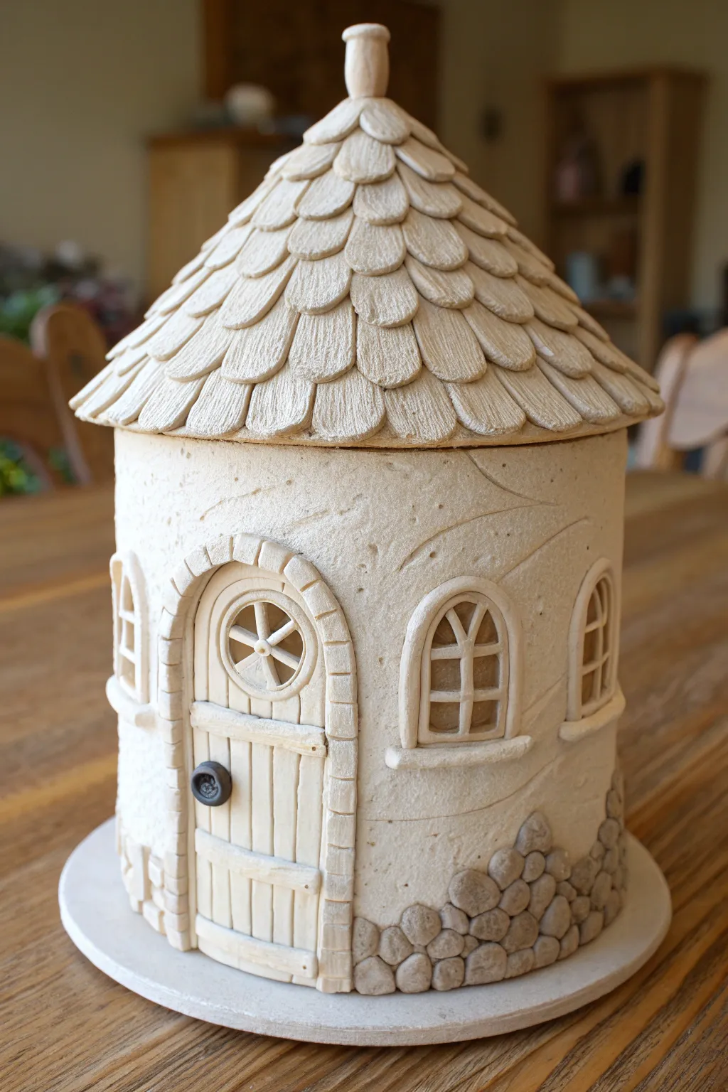 Beginner-friendly clay fairy house on a simple cylinder form, charming details and cozy texture