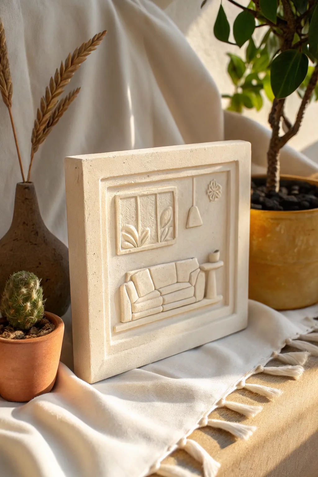 Mini clay room scene relief plaque with a simple couch, plant and frame for cozy minimalist decor