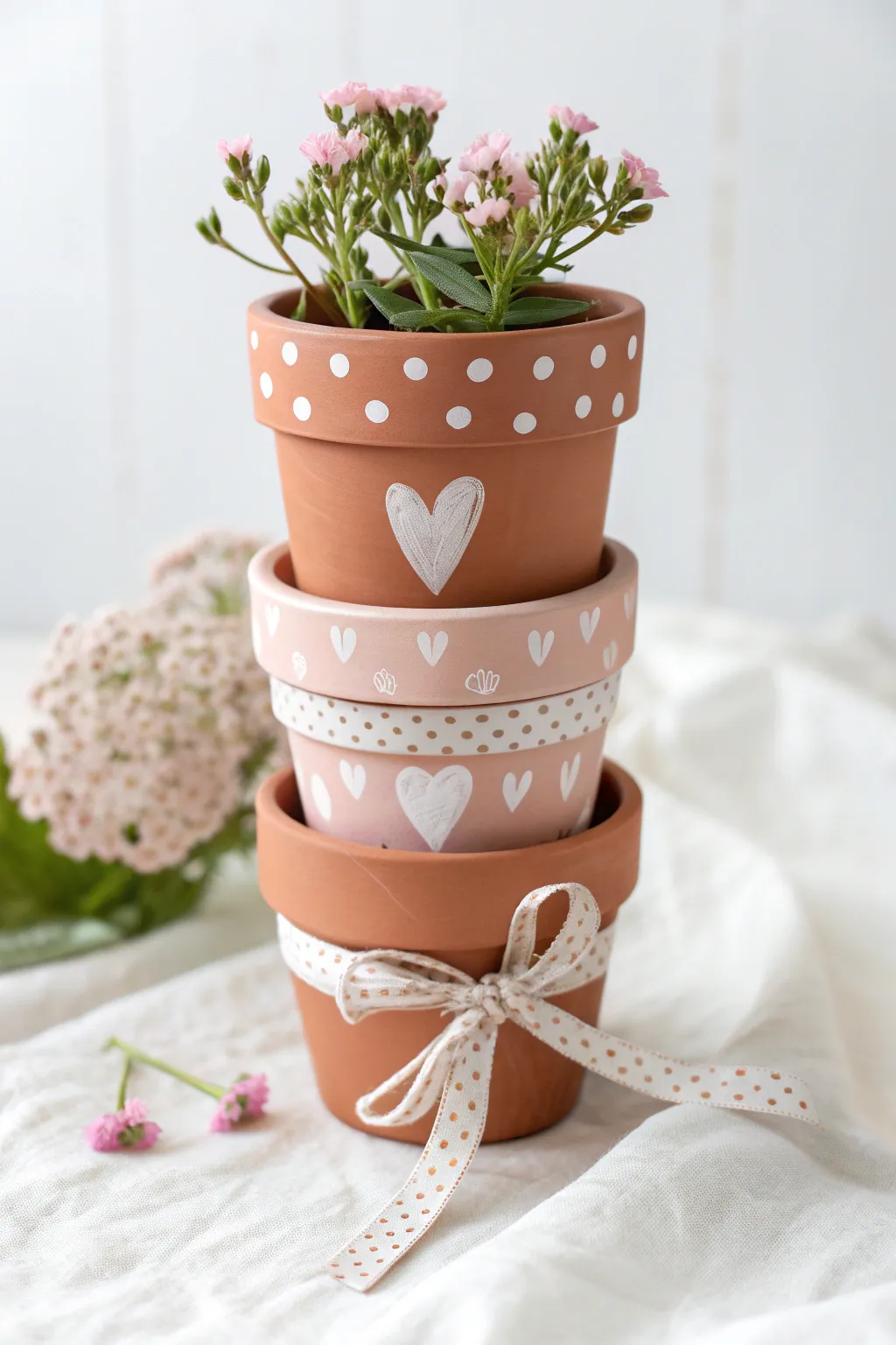 Stacked mini pot flower tower with cute kid motifs and soft pink blooms, a gift-ready centerpiece