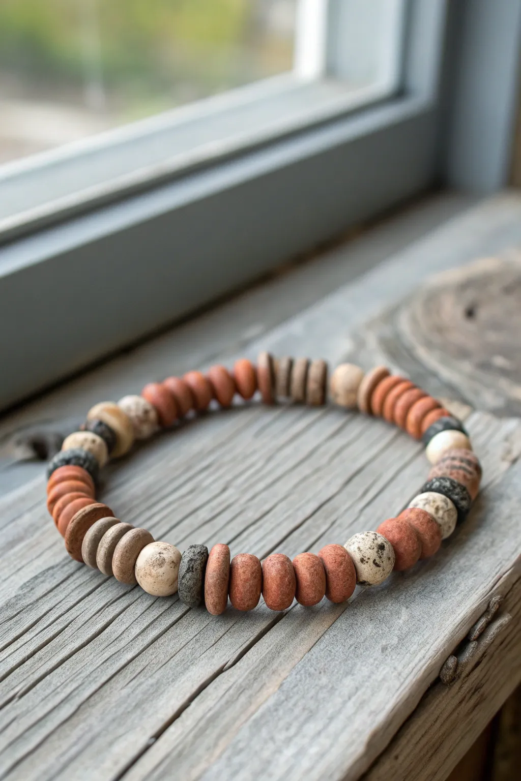 Pottery-shard clay disc beads meet smooth heishi for a warm, minimalist boho bracelet.