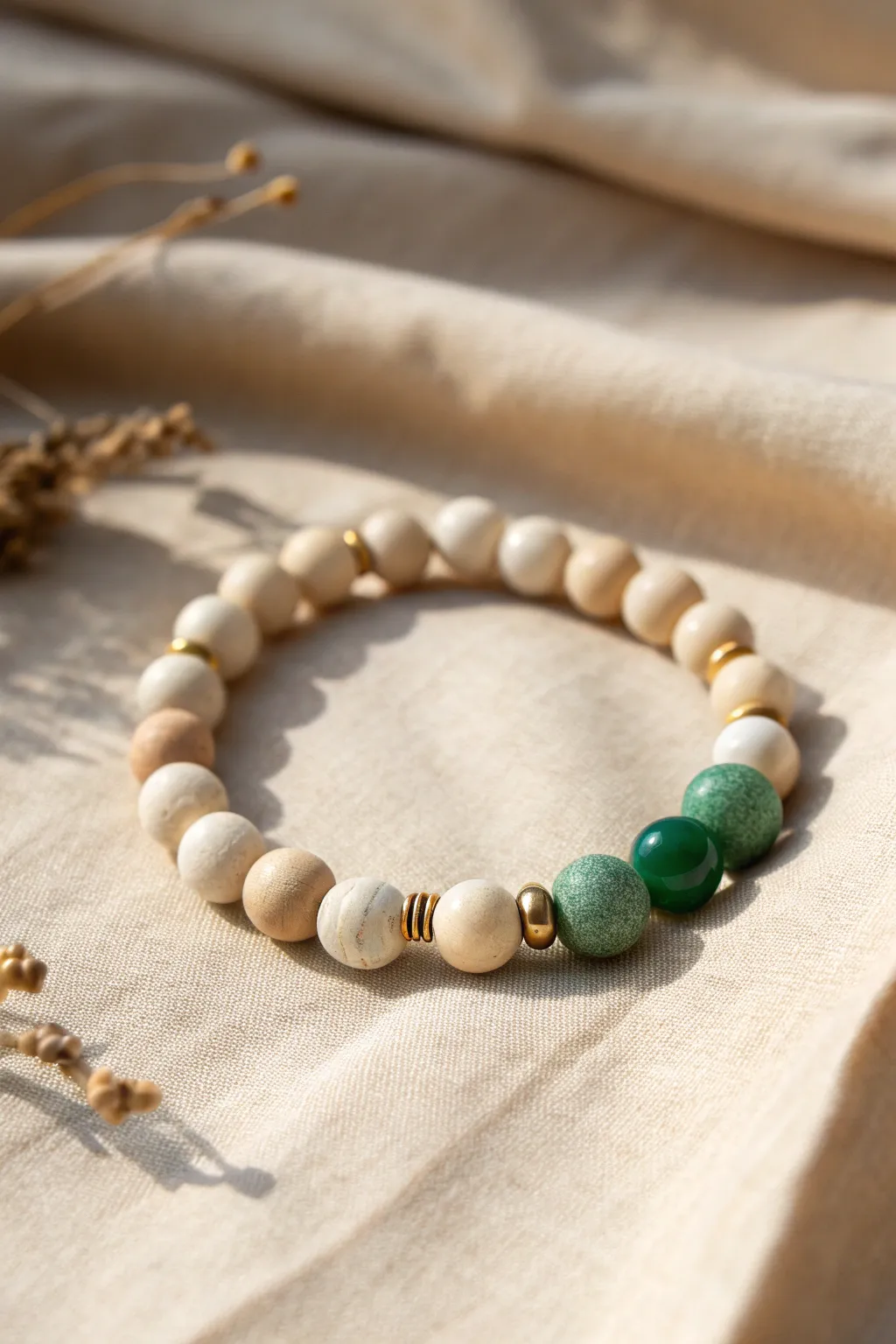 Neutral clay bead bracelet with an emerald lucky color pop for fresh New Year intentions