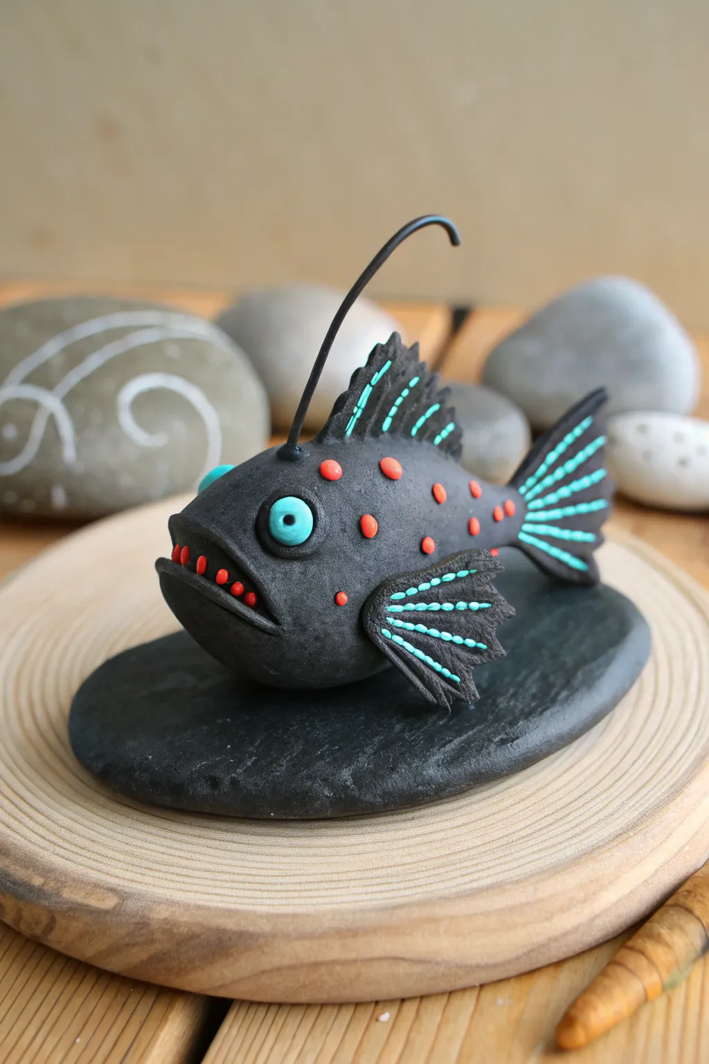 Bioluminescent anglerfish clay mini with neon dots and lines for dreamy deep-sea ocean decor