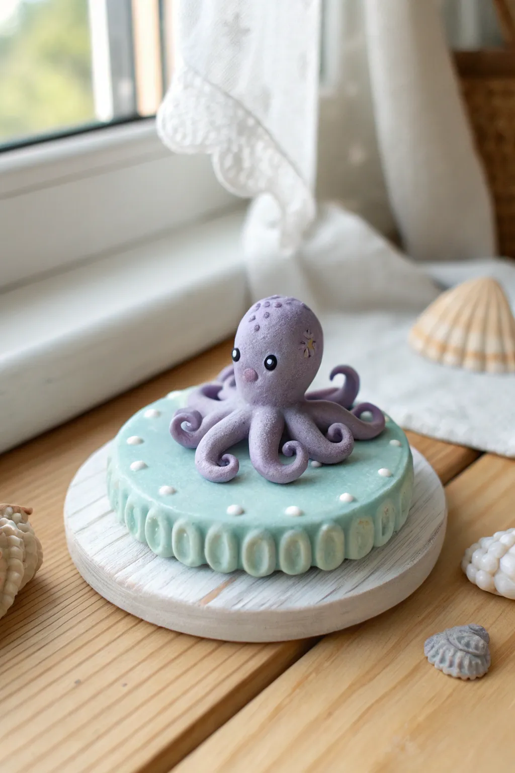 Cute pastel clay octopus on a tiny sea base, minimalist boho style and easy for beginners