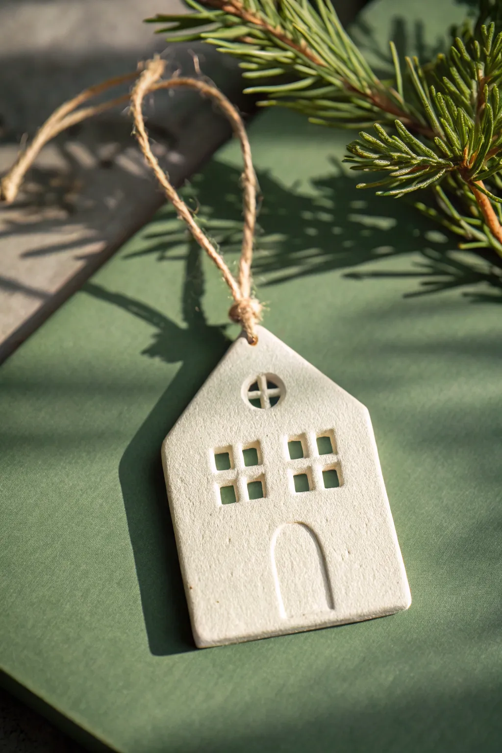 One-color clay mini house ornament, carved details and twine hanger for sweet minimalist charm.