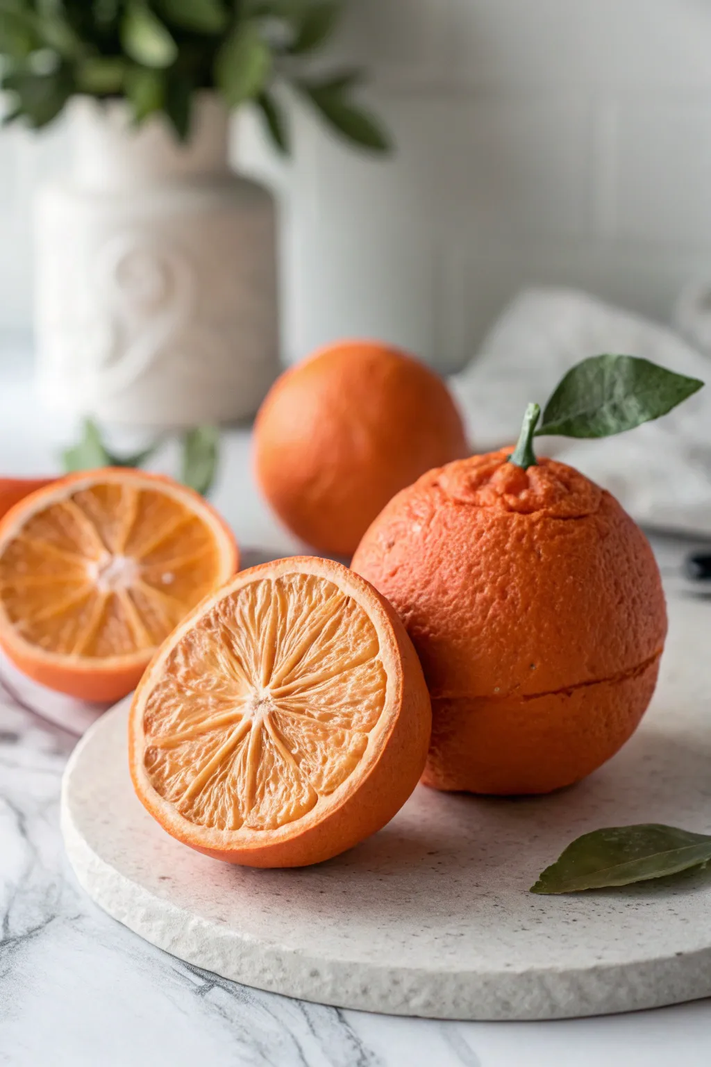 Juicy glossy clay orange with a fresh-cut slice, minimalist white styling and crisp contrast.