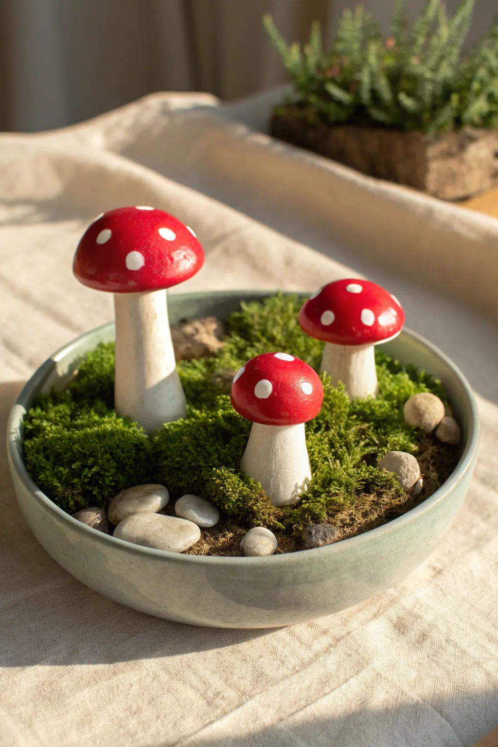 Cute oven-bake clay toadstools in a mini moss dish, perfect for a simple beginner fairy garden