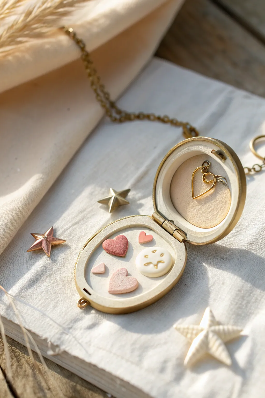 Half-open oven-bake clay locket charm with hidden hearts inside, a sweet secret-message craft for kids