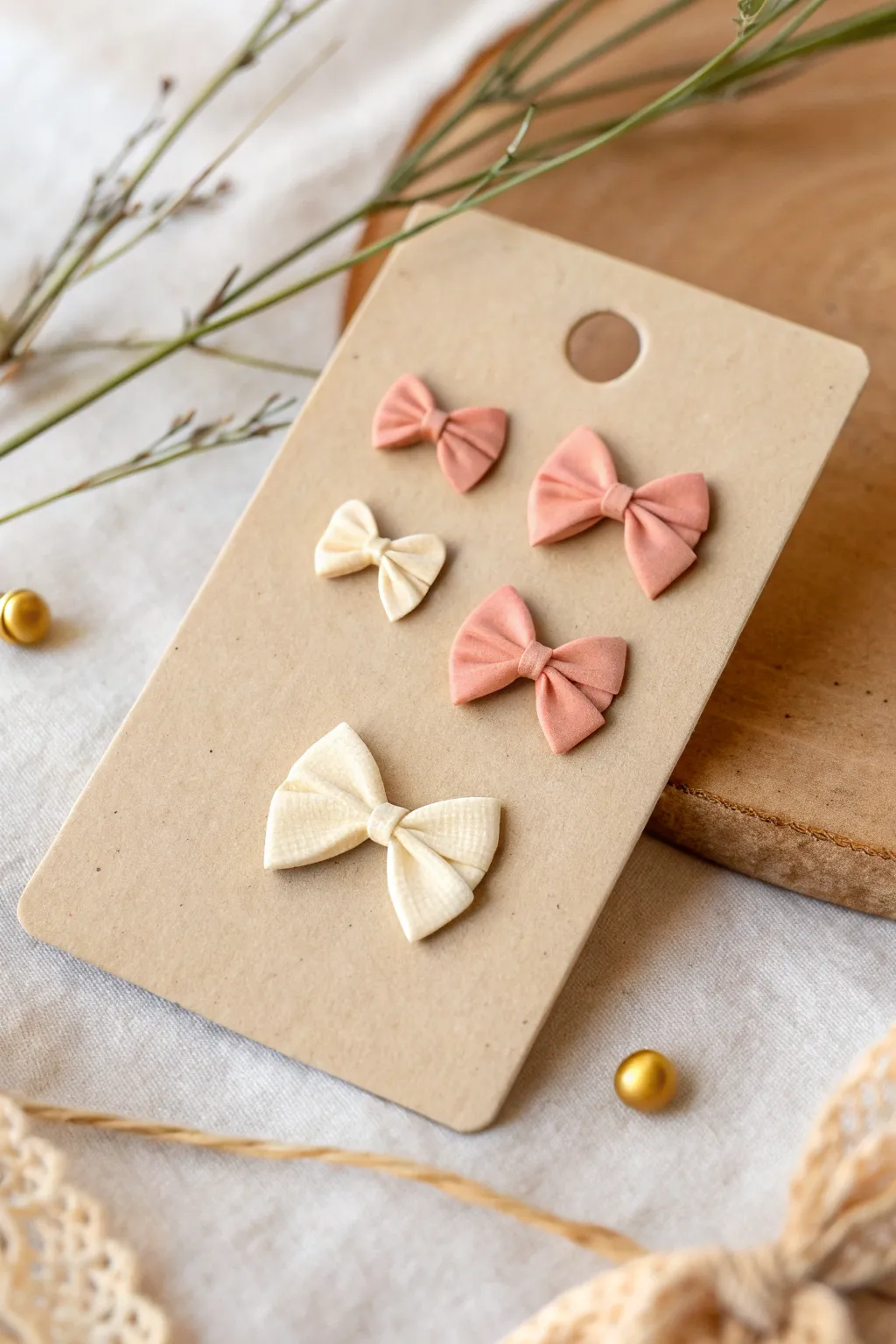 Minimal clay bow studs in blush and ivory, gift-ready on a simple card, soft Scandinavian vibe