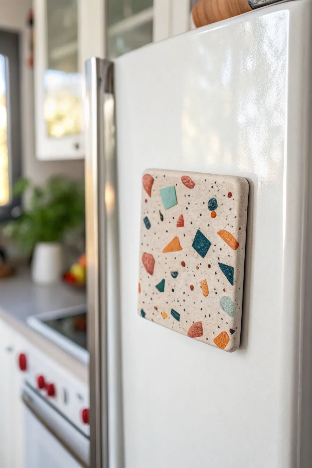 Terrazzo speckle oven-bake clay tile magnet for a modern, playful Scandinavian fridge grid