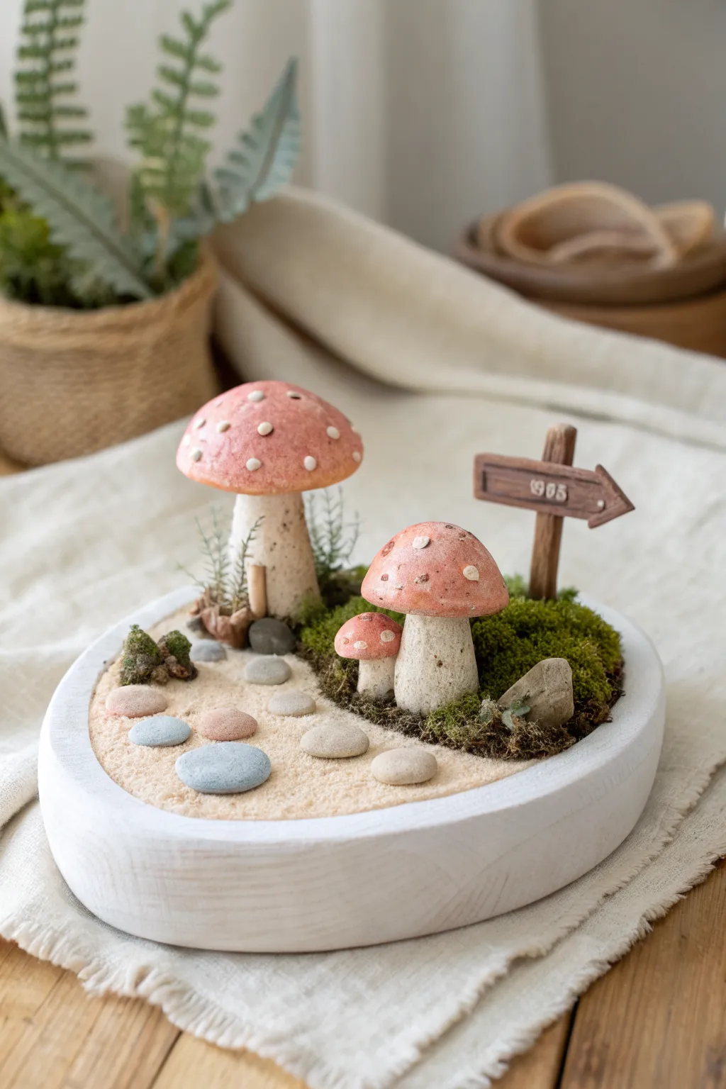 Simple oven-bake clay fairy garden minis in a cozy Scandi-boho tabletop vignette