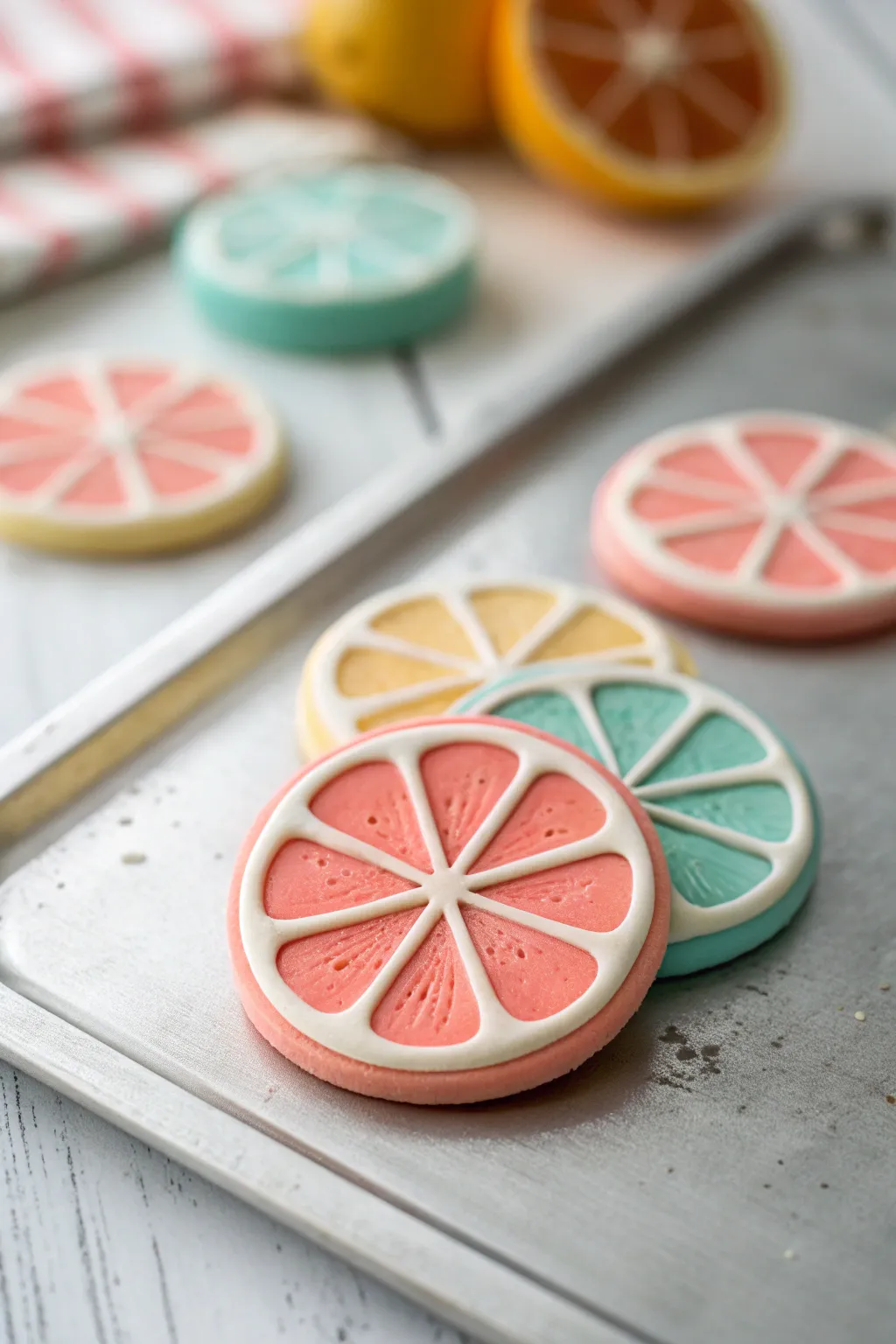 Colorful cane-slice polymer clay magnet with crisp pattern, styled on a minimalist metal board.