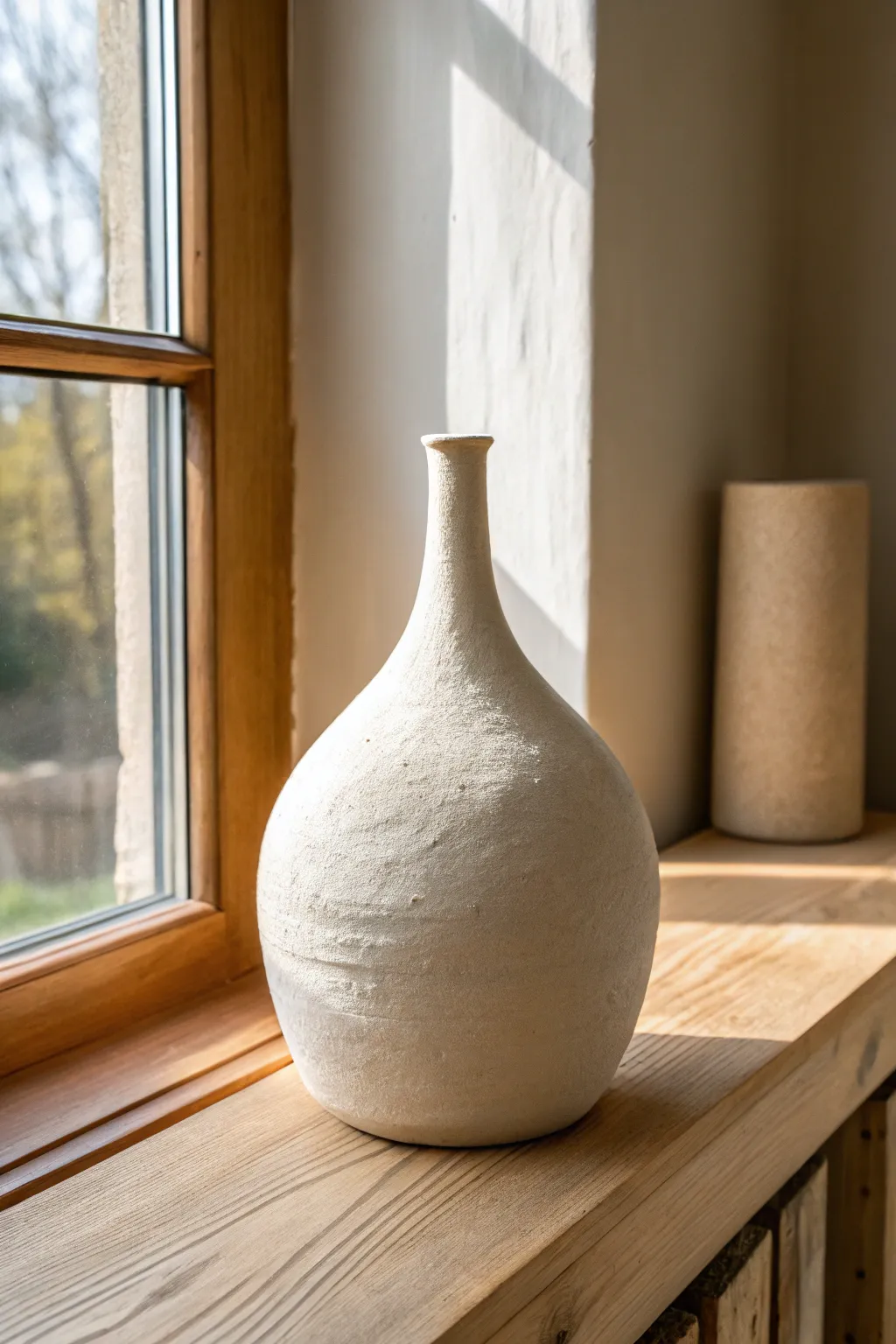 Minimal paper clay vase sculpture on a recycled bottle base, perfect for big shelf decor.