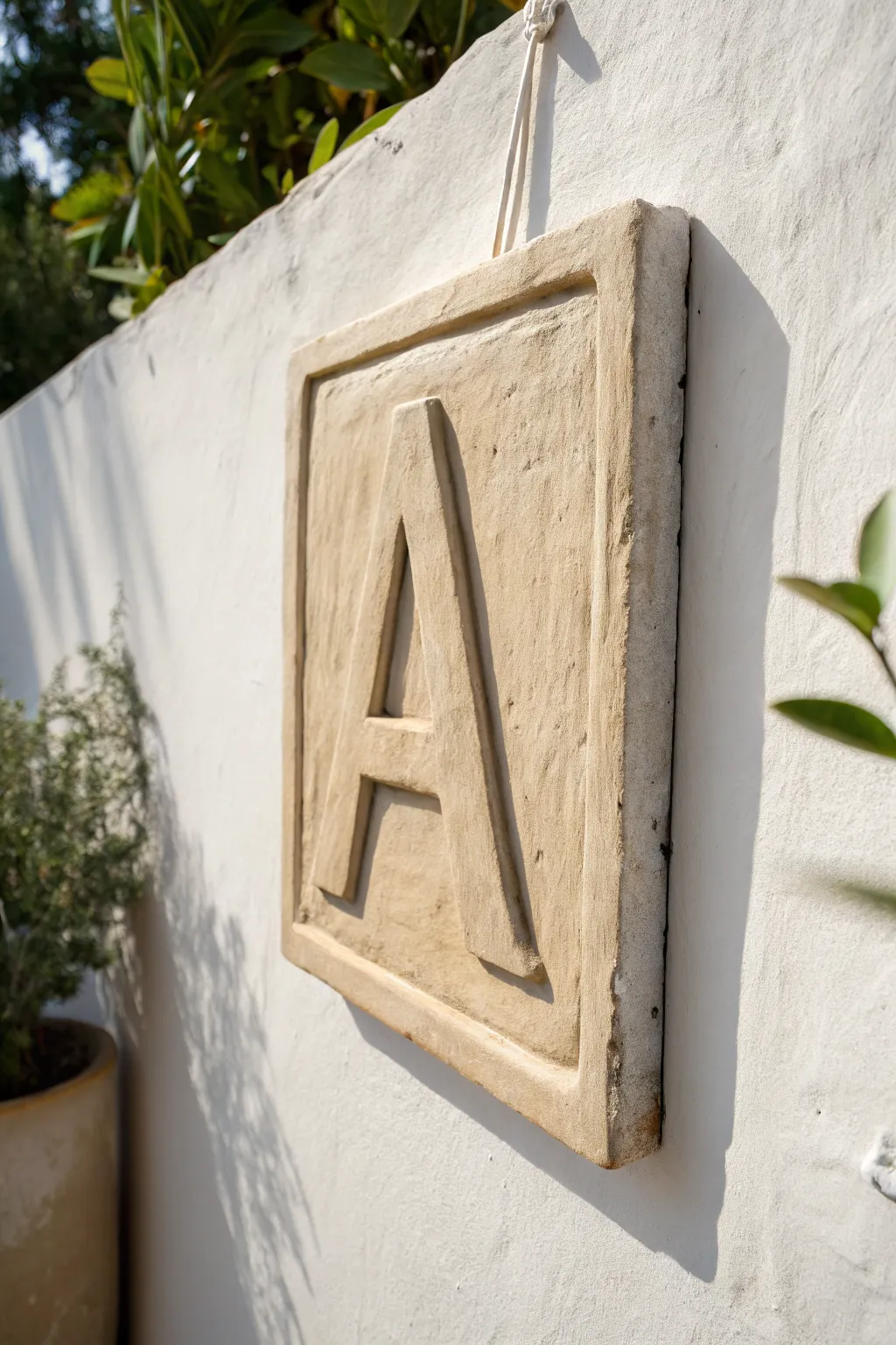 Chunky paper mache clay plaque with raised letter texture, matte and sandy, softly shadowed.