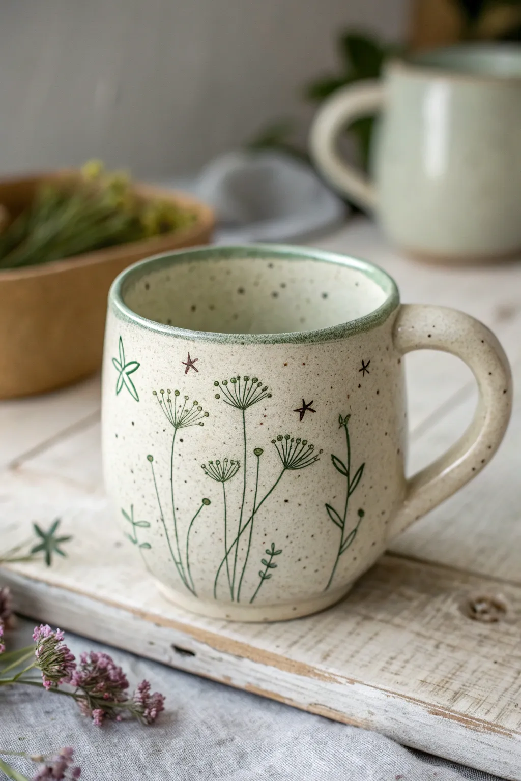 Minimal sgraffito pinch pot mug with tiny wildflowers, matte slip, and a calm Nordic palette