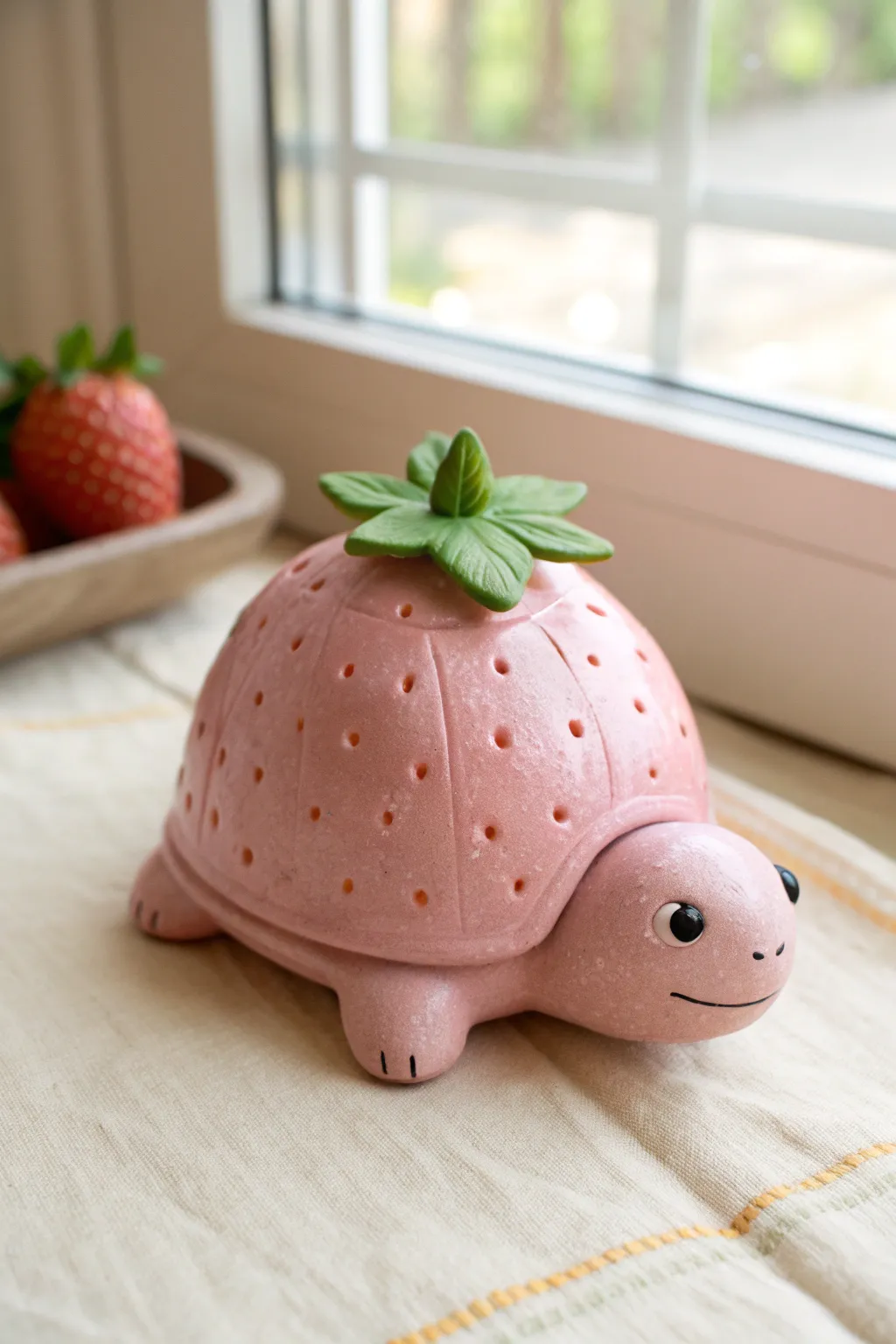 Pink clay strawberry turtle figurine with minimalist boho charm and clean, high-contrast styling