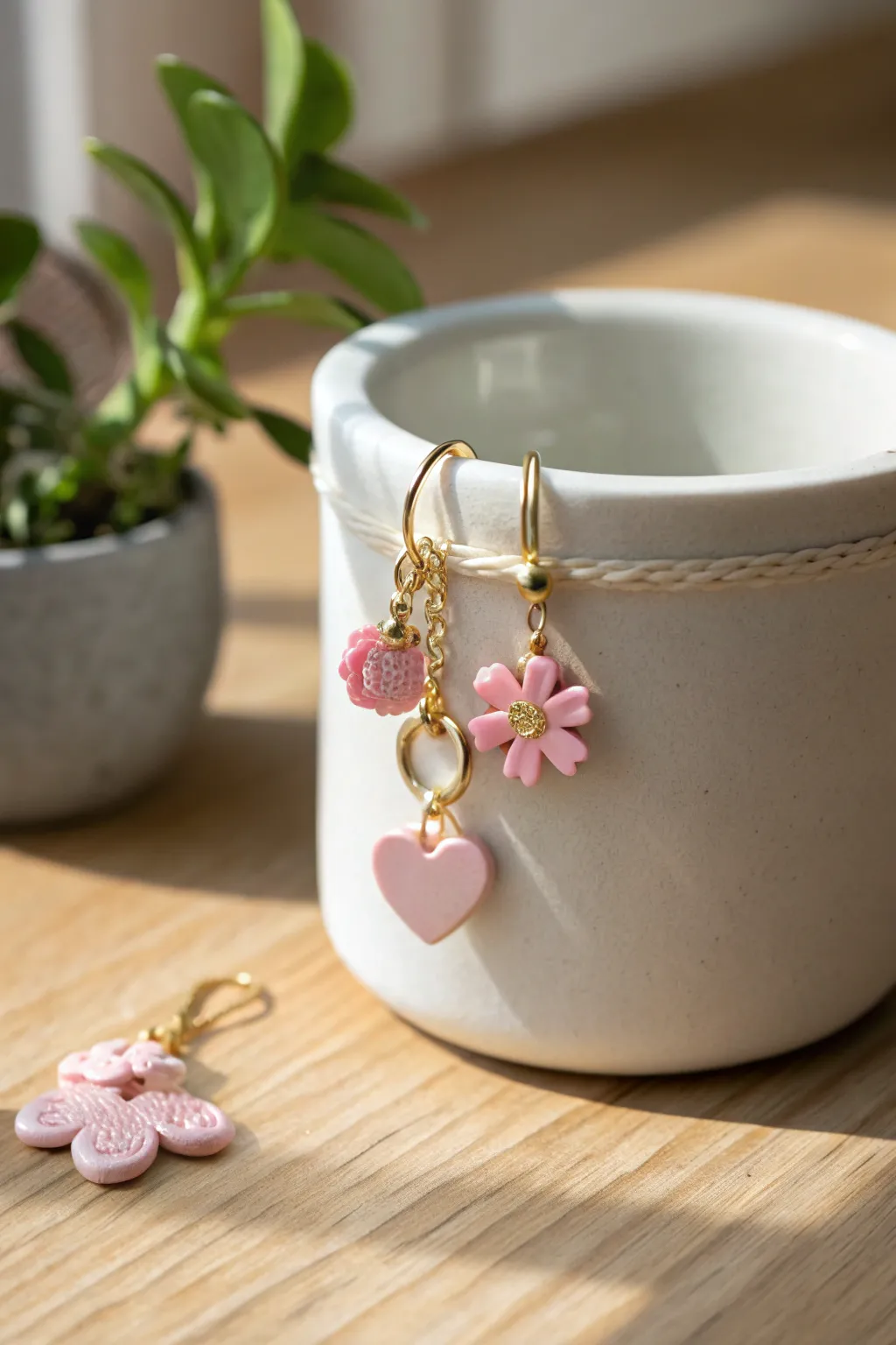 Sweet pink mini polymer clay charms add a soft boho touch to a clean, minimal planter.
