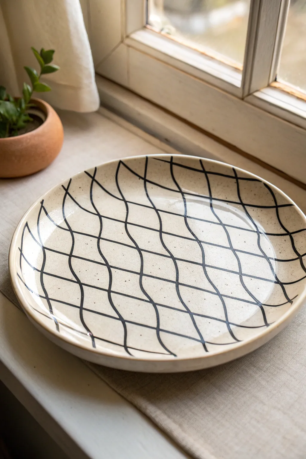 Bold wavy grid plate painting idea for a calming optical illusion in minimalist style
