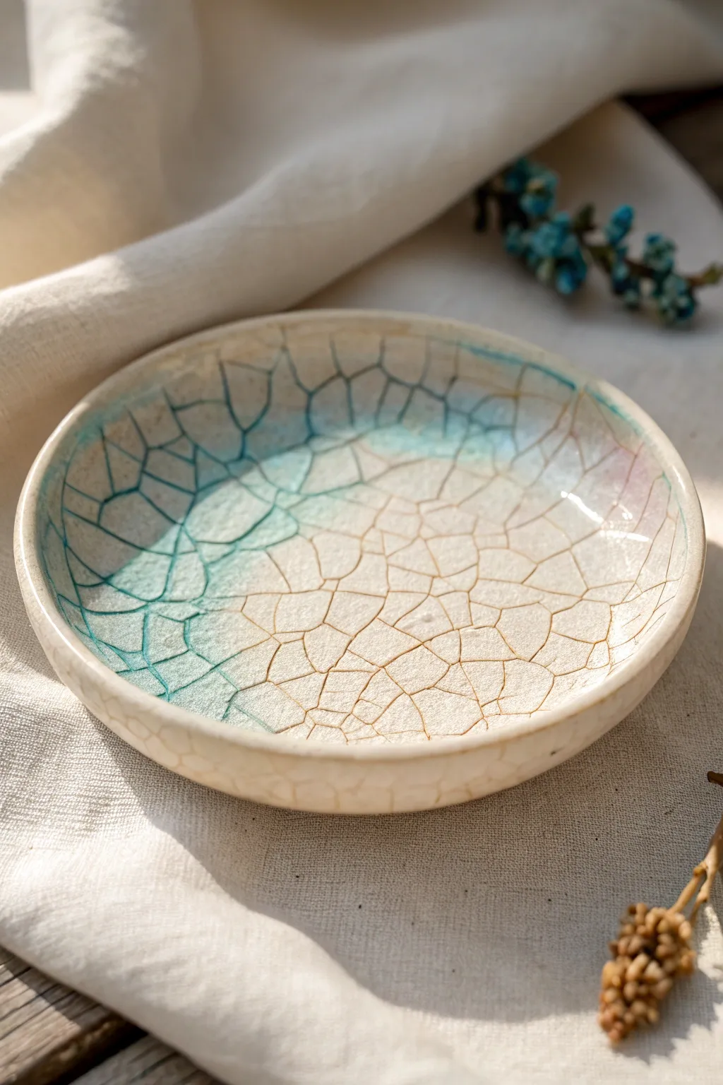 Matte polymer clay crackle dish with glossy tinted resin lines for a soft stained glass glow