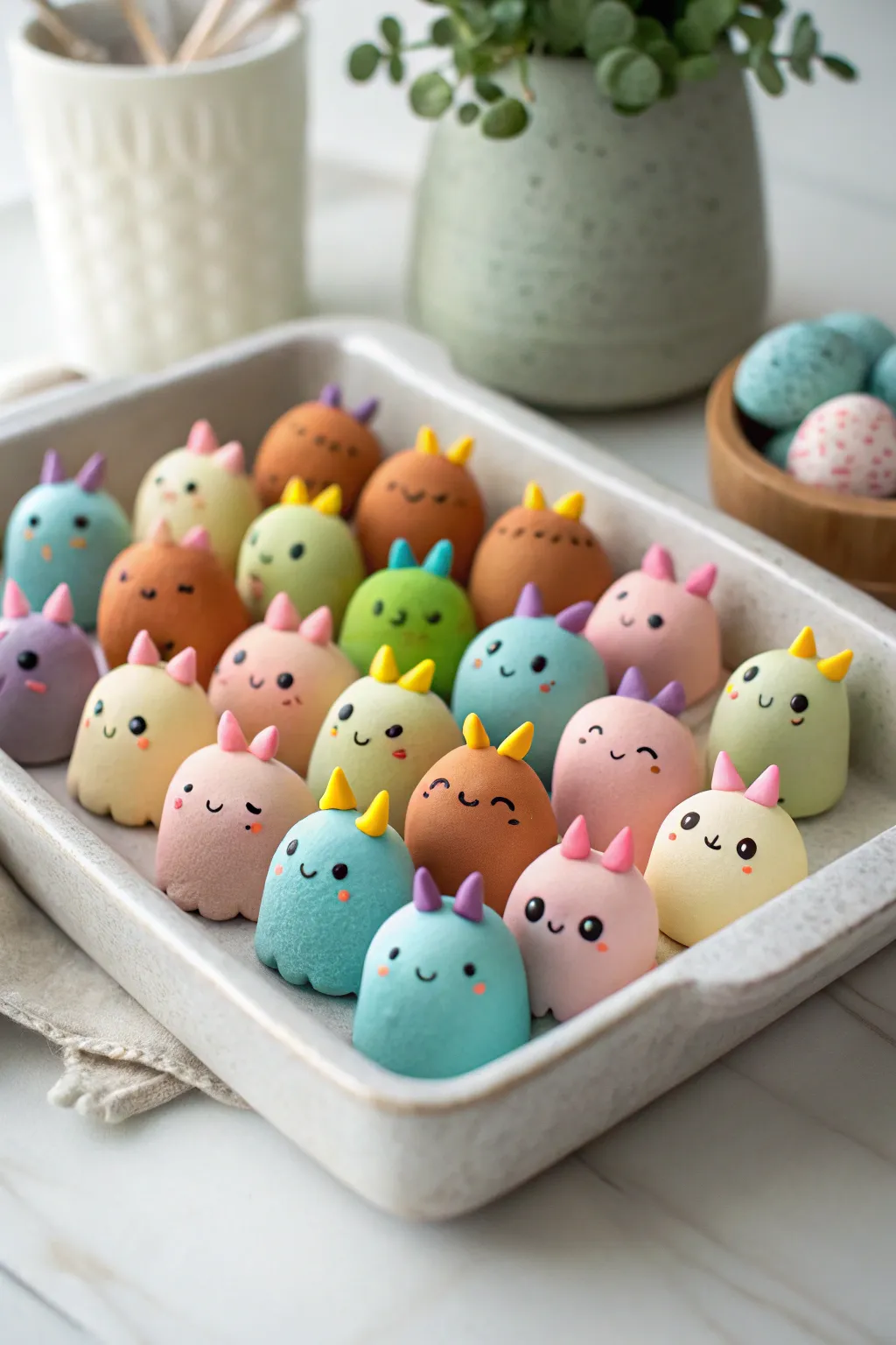 Mini polymer clay buddy creatures in a cozy tray, perfect for swapping, gifting, collecting.