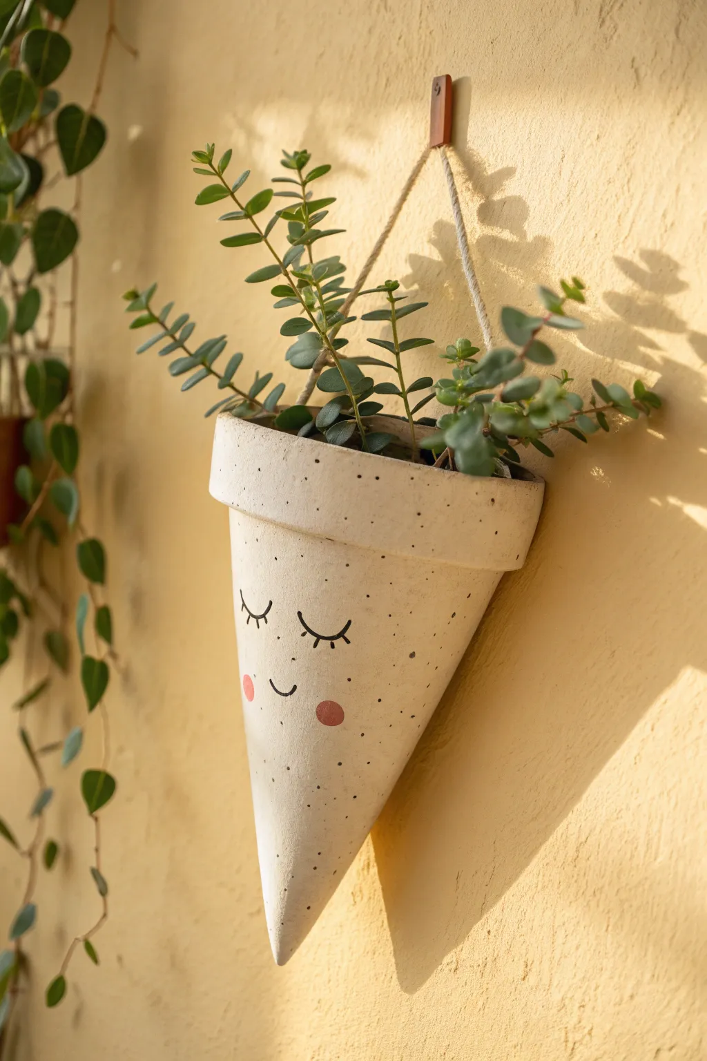 Sweet cone wall pocket planter in polymer clay with tiny faux plant, minimalist boho charm.