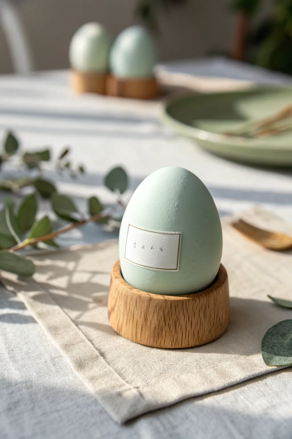Minimal polymer clay egg place card with raised blank name plaque, styled on a linen spring table