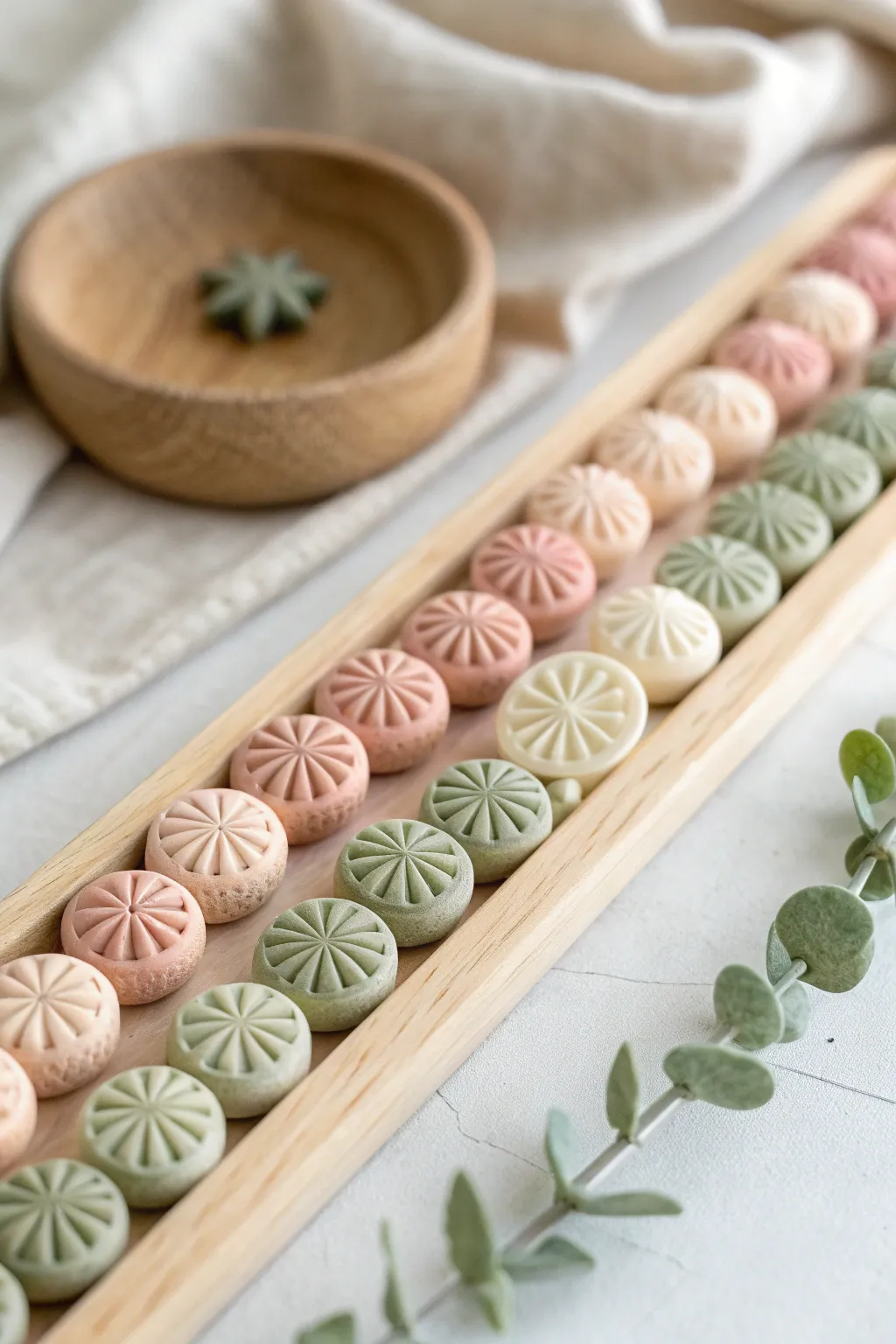 Stacked-die extruded beads with surprise star-and-flower profiles in a clean minimalist row.