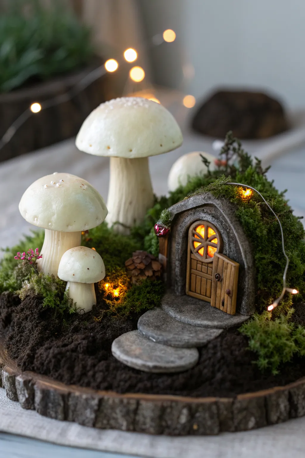 Moonlit polymer clay mushrooms and tiny door, softly glowing for a calm fairy garden night