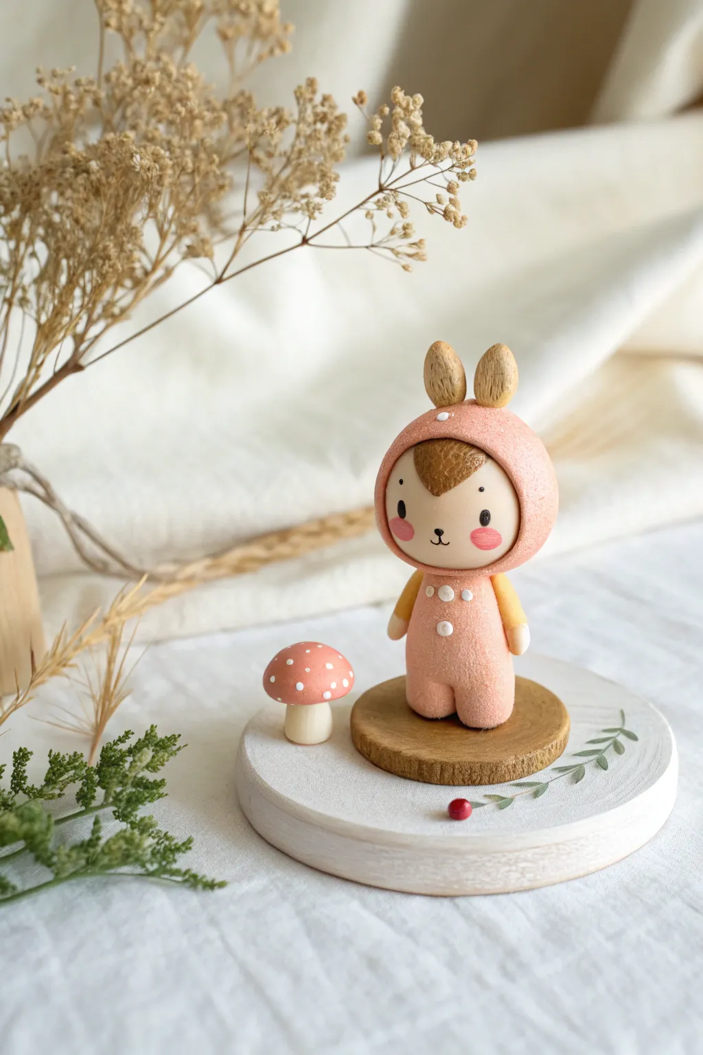 Mini polymer clay character on a tiny diorama base with one mushroom, simple and charming.