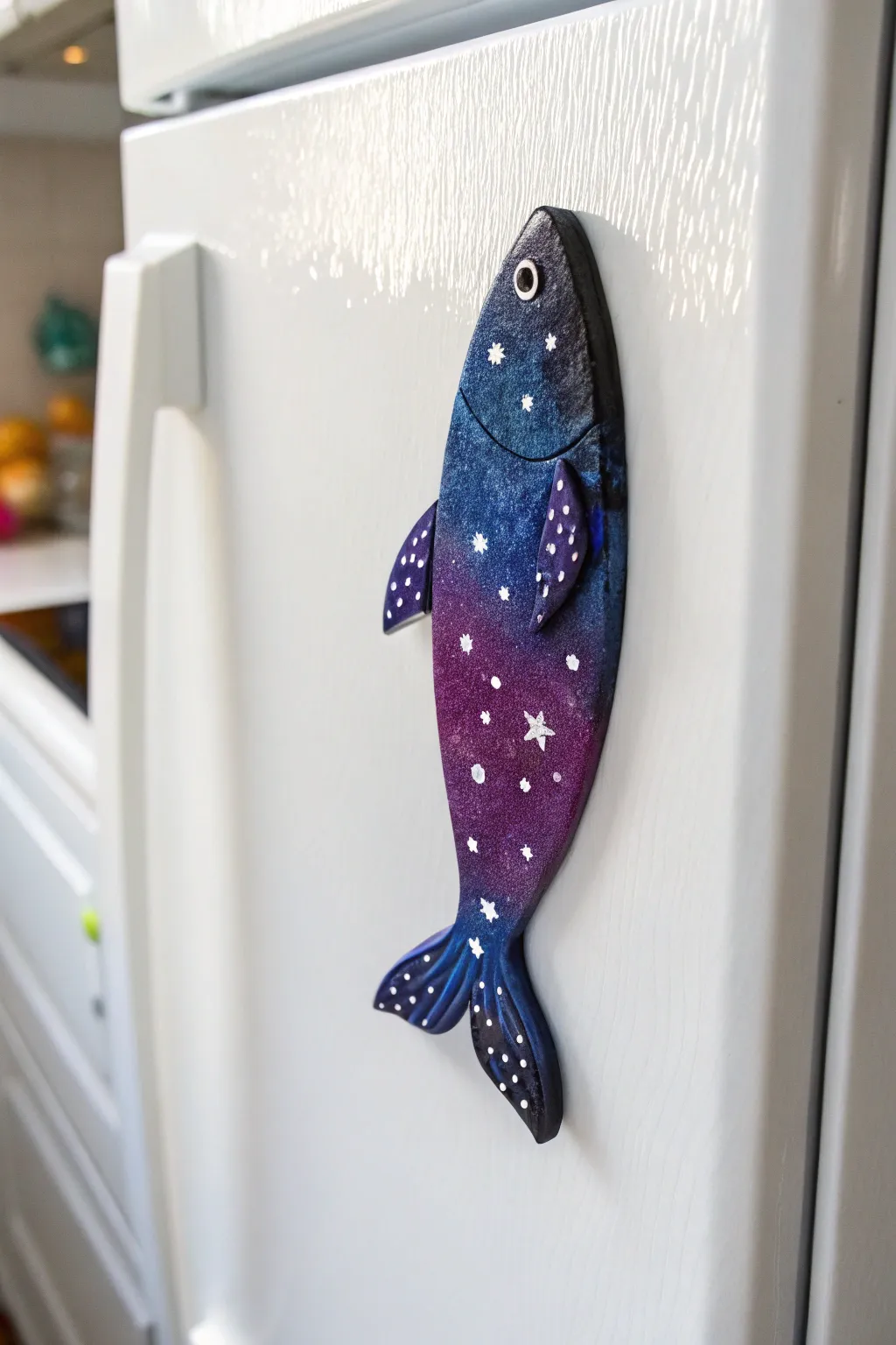 Galaxy fish polymer clay fridge magnet on a crisp white fridge, minimalist, dreamy, and handmade