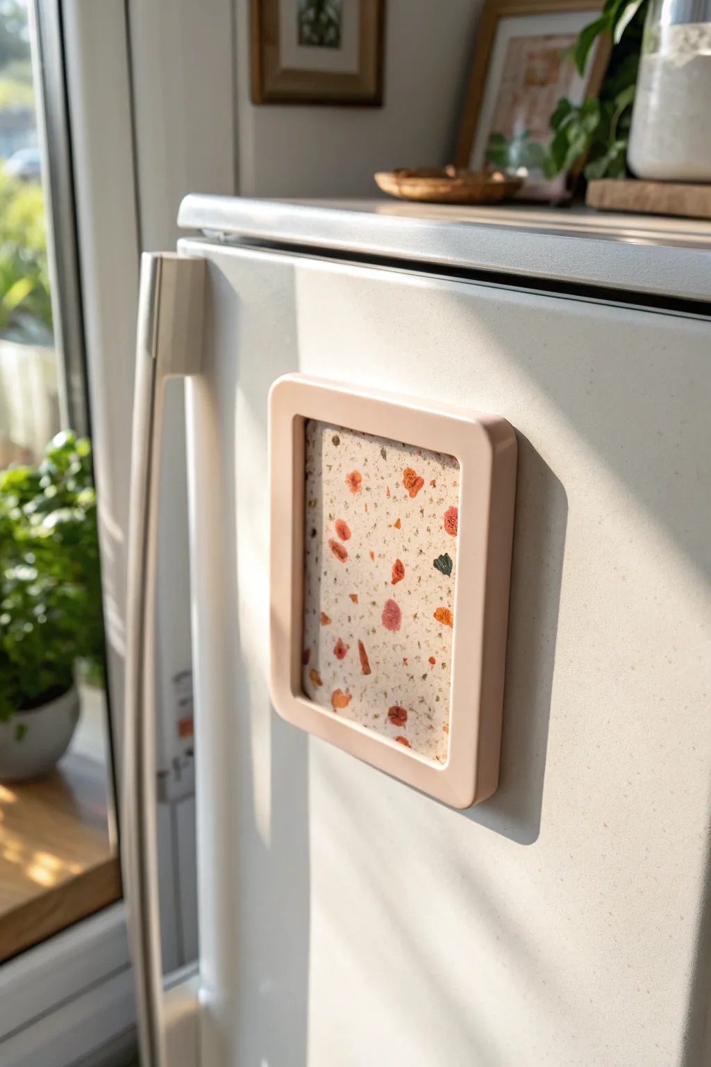 Minimalist shaker-window polymer clay magnet with floating sprinkles, styled on a neutral fridge.