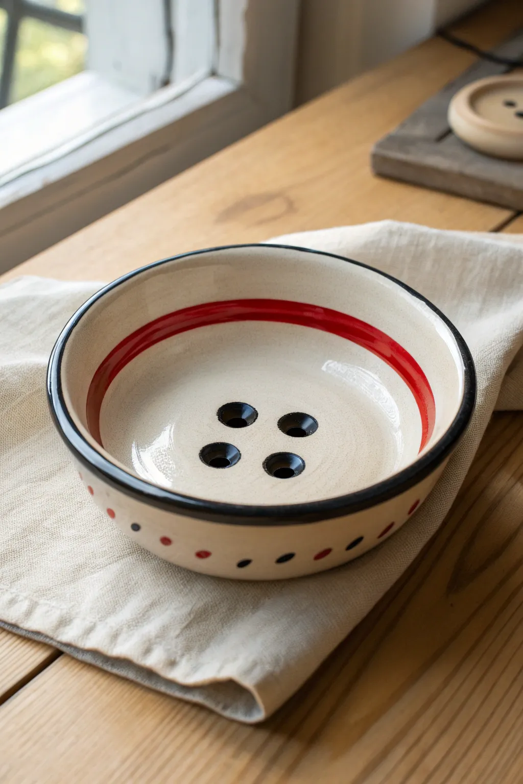 Giant button bowl in bold pop-art primaries, a clean minimalist statement with handcrafted charm.