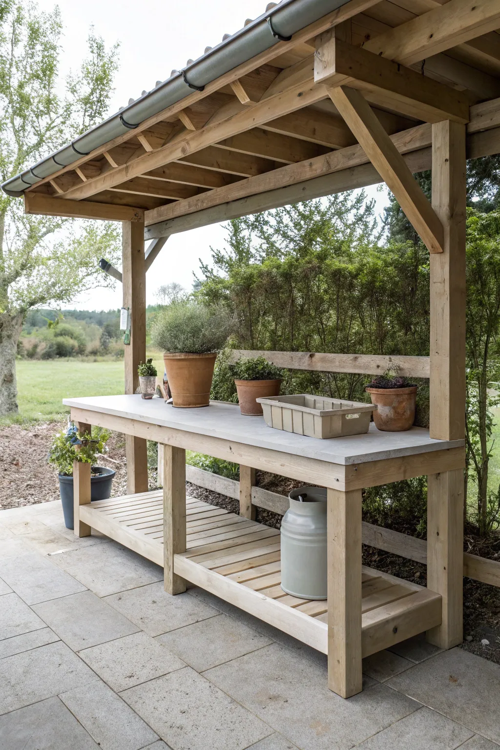 Covered outdoor potter bench with tidy underbench storage for clay days, rain or shine.