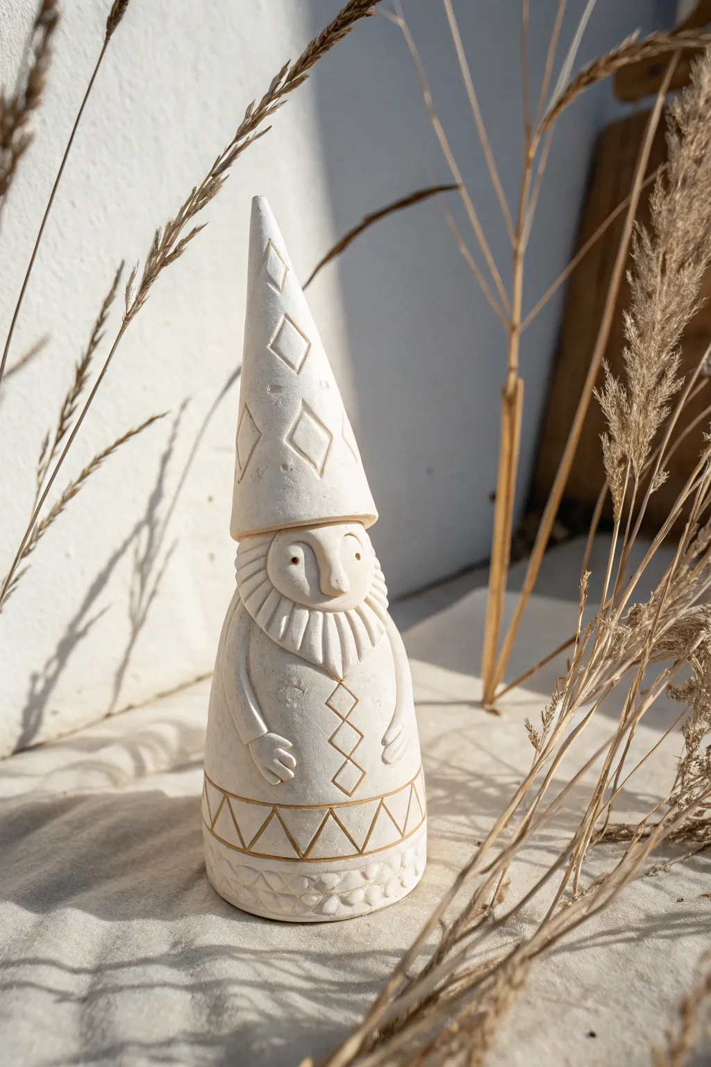Wax resist gnome with raw clay lines and soft glaze, minimal Nordic-boho styling.