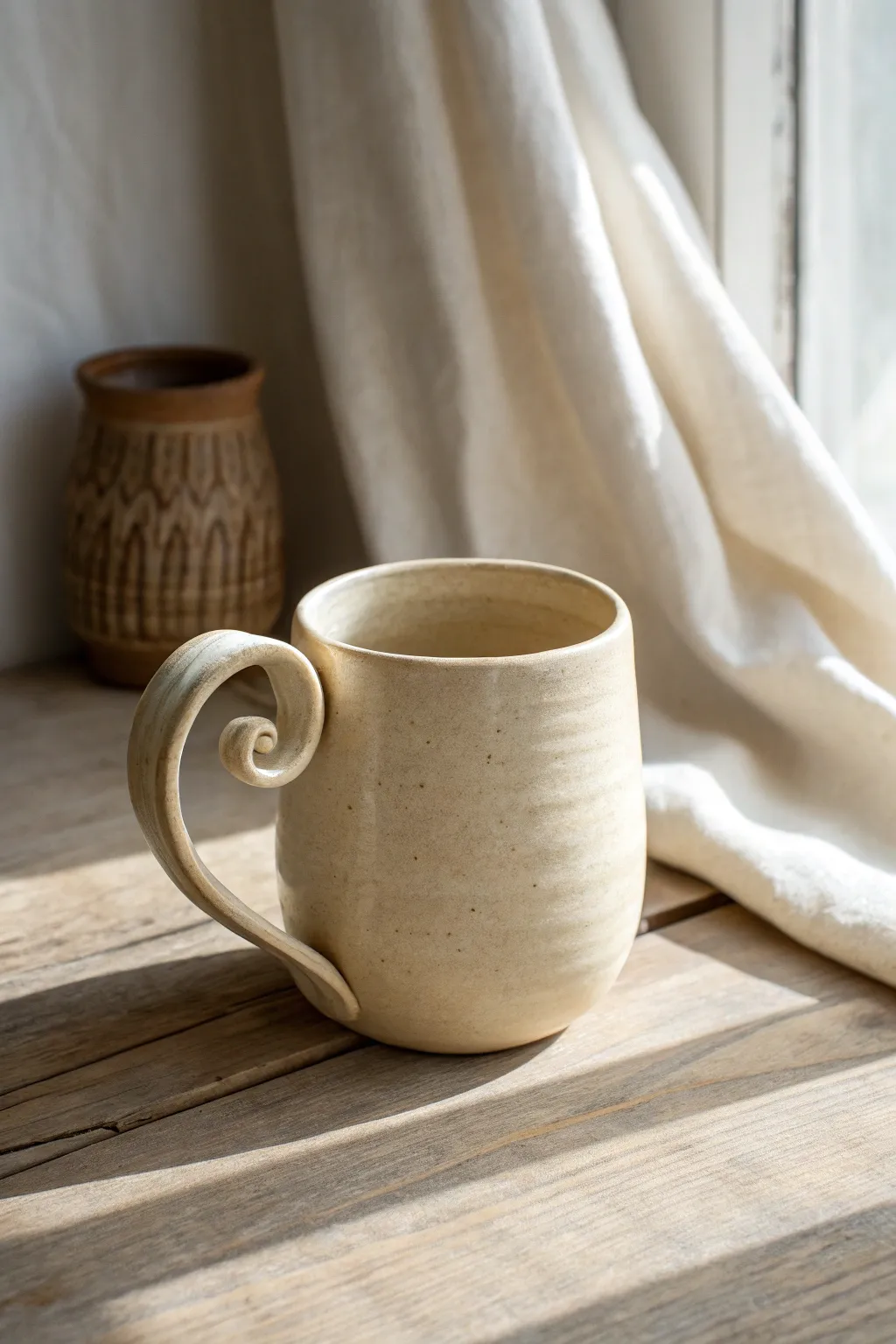 A minimalist mug handle with a subtle scroll-end curl, adding charm without losing comfort.