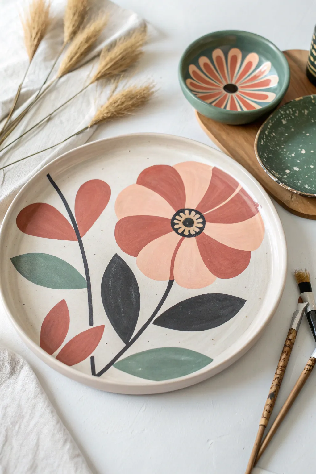 Modern oversized abstract bloom platter in 5 colors, minimalist and boho, handmade charm.