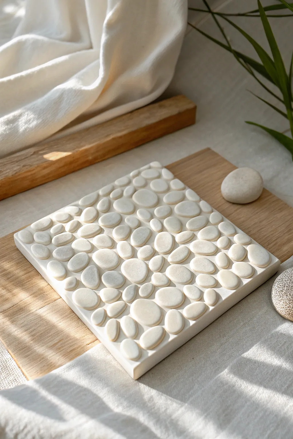 3D pebble relief tile in a calm monochrome glaze, side-lit to highlight sculpted texture