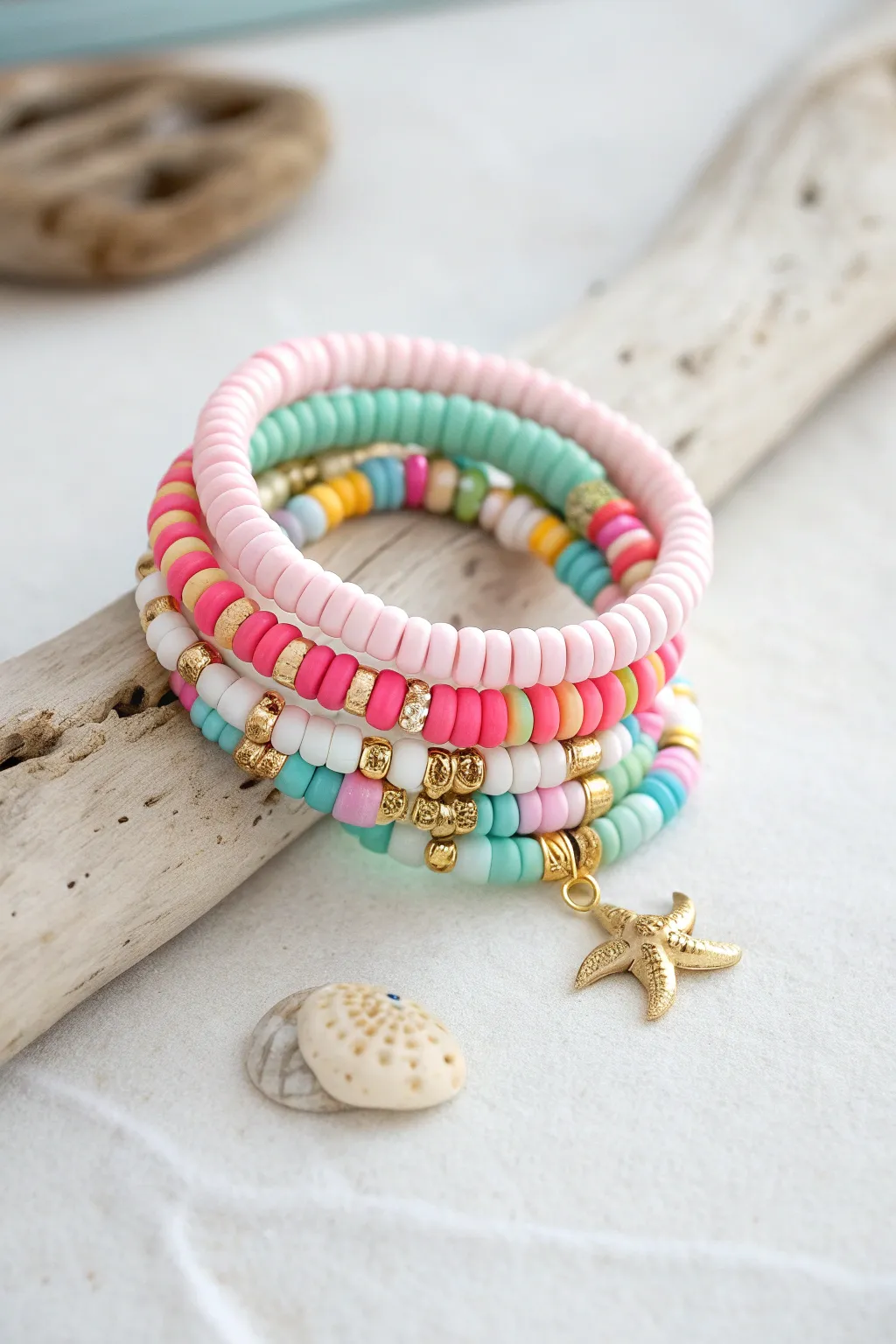Preppy pastel clay bead charm stack with beach icons for a vacation-ready mismatch story