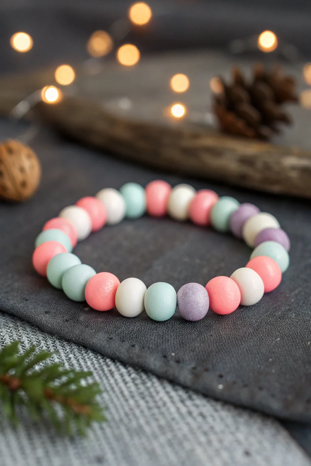 Glow-in-the-dark clay bead bracelet in bright summer colors, captured at dusk for a night vibe
