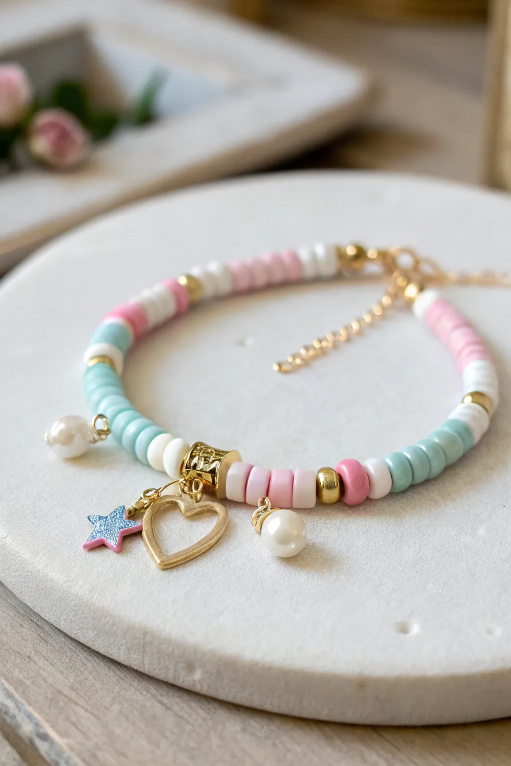 Preppy clay bead bracelet with a charm cluster center and balanced pastel color blocking.